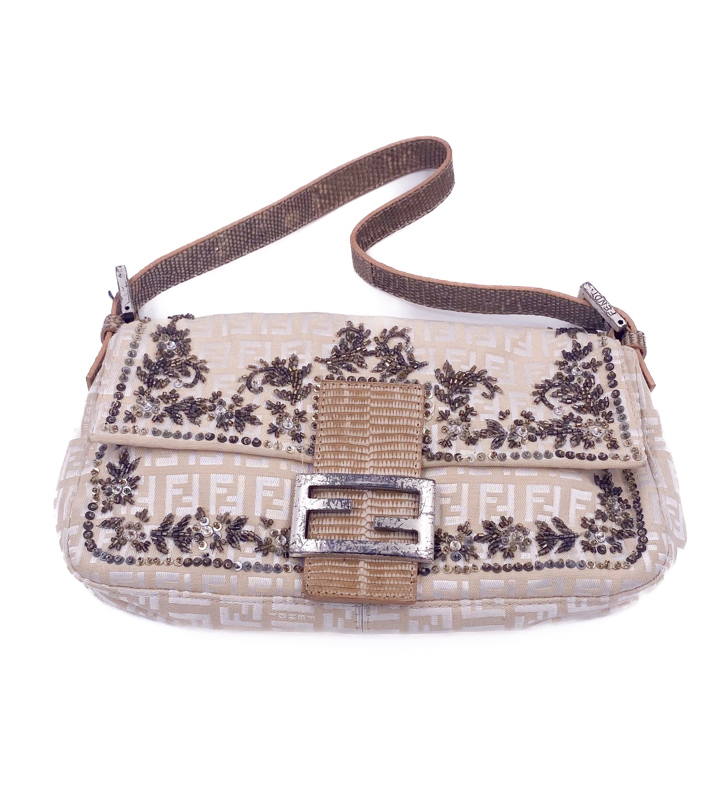 Fendi Cream Embroidered Canvas & Snakeskin 'FF' Logo Beaded Baguette Bag