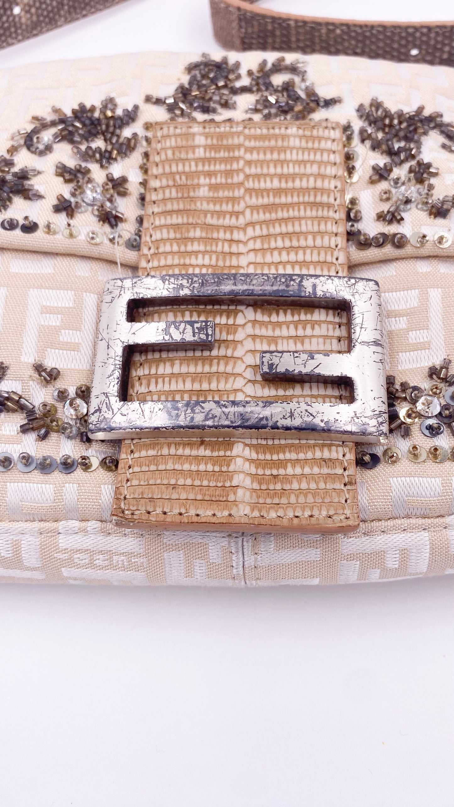 Fendi Cream Embroidered Canvas & Snakeskin 'FF' Logo Beaded Baguette Bag