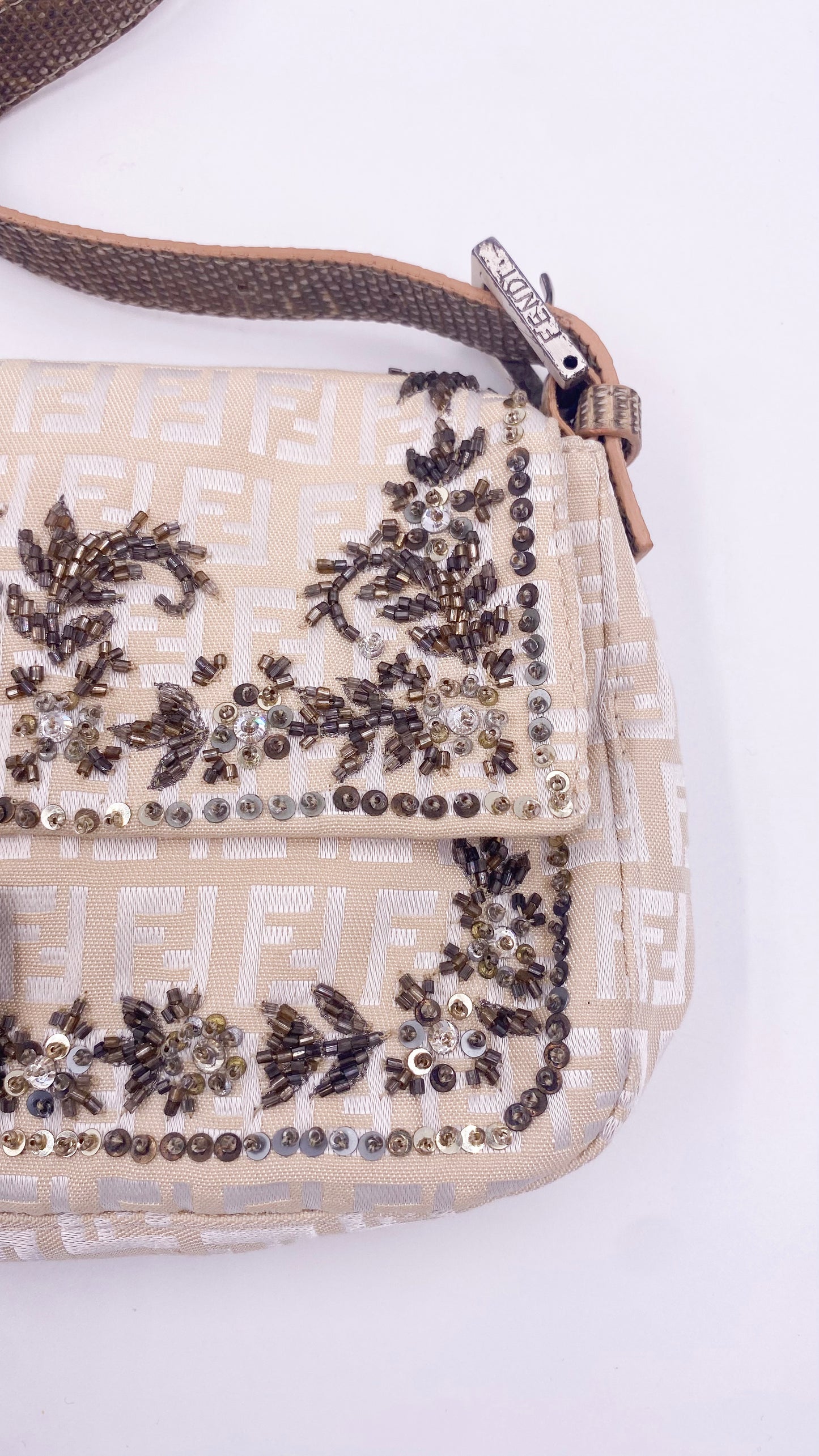 Fendi Cream Embroidered Canvas & Snakeskin 'FF' Logo Beaded Baguette Bag