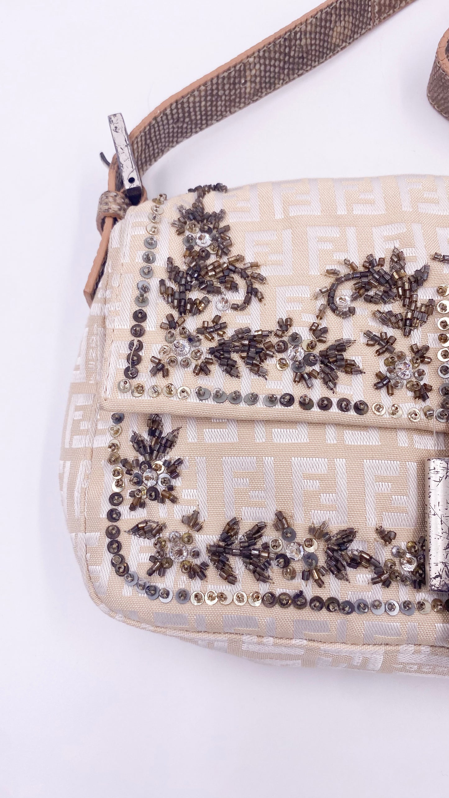 Fendi Cream Embroidered Canvas & Snakeskin 'FF' Logo Beaded Baguette Bag