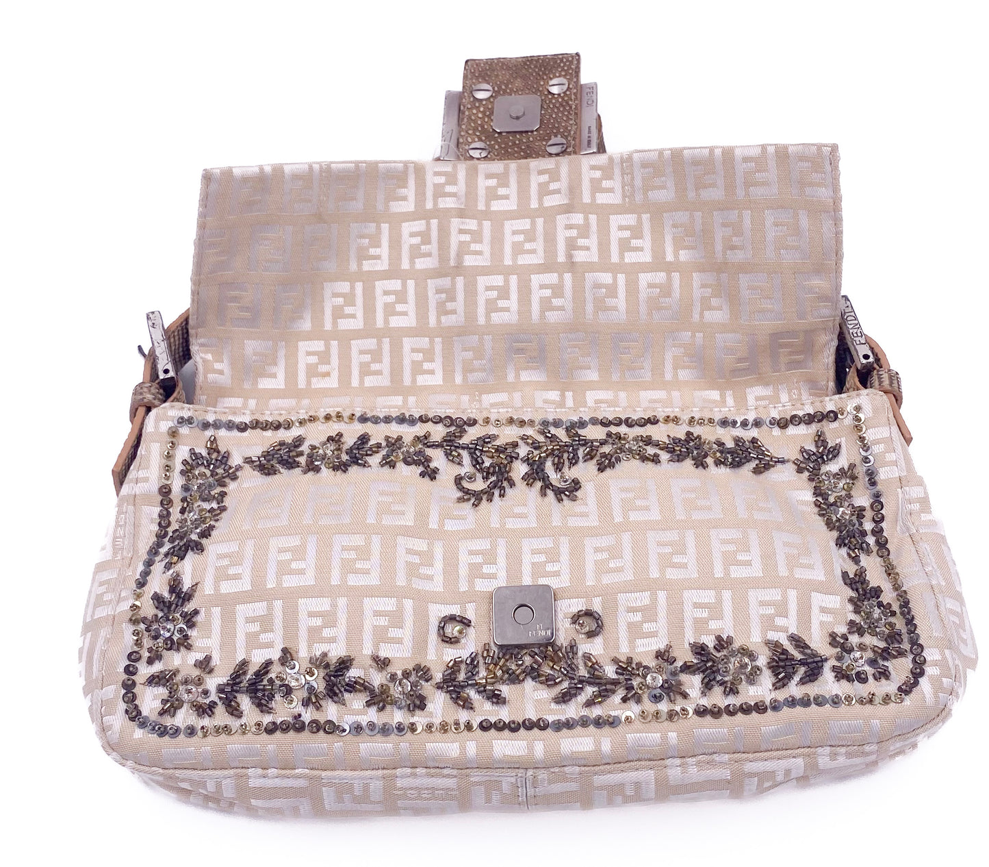 Fendi Cream Embroidered Canvas & Snakeskin 'FF' Logo Beaded Baguette Bag