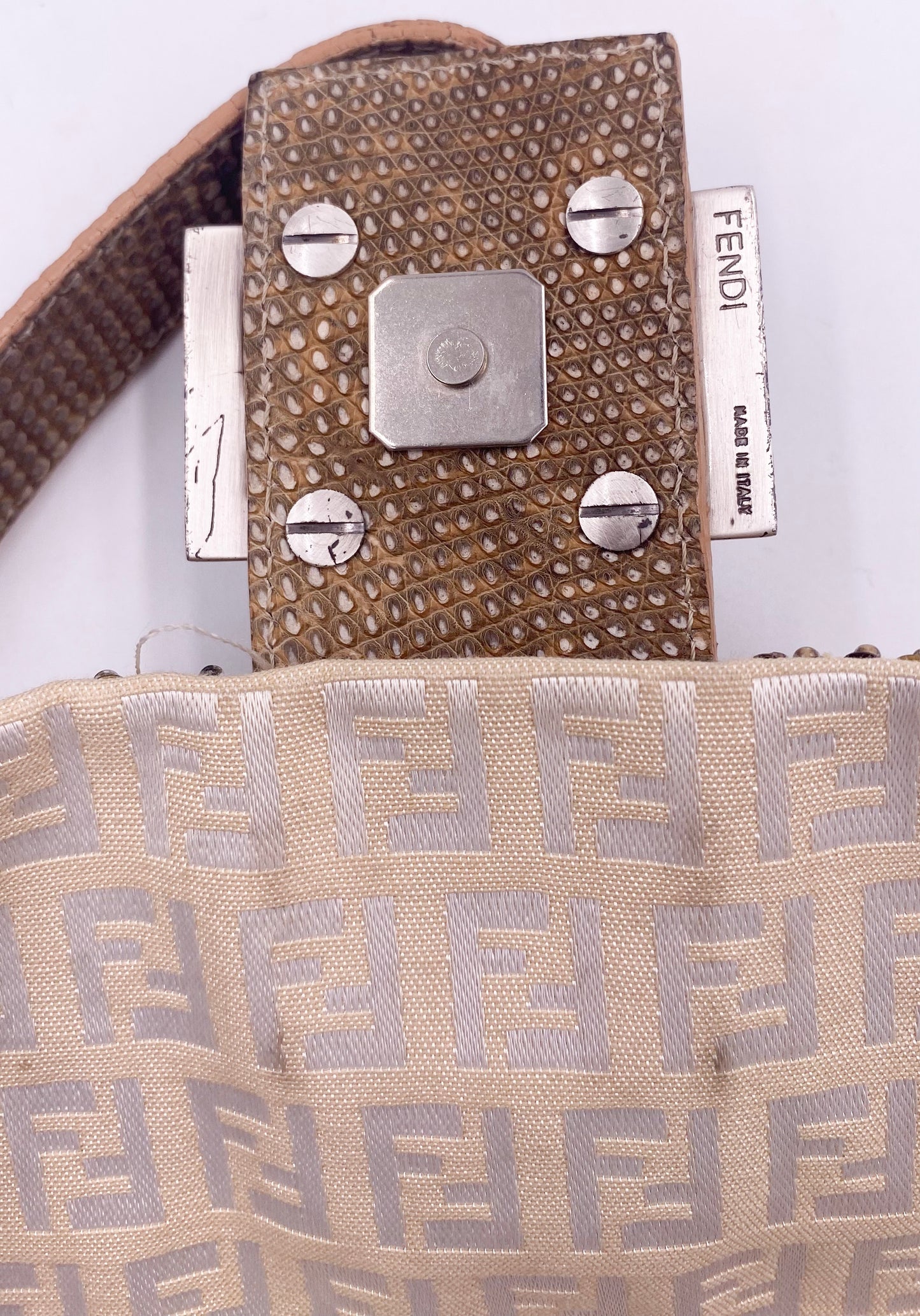 Fendi Cream Embroidered Canvas & Snakeskin 'FF' Logo Beaded Baguette Bag