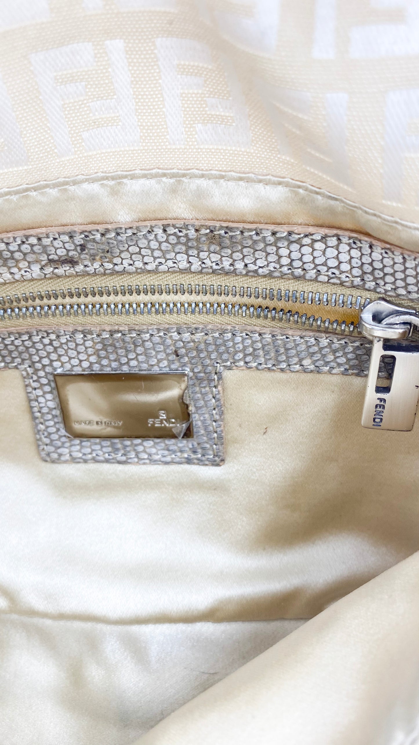 Fendi Cream Embroidered Canvas & Snakeskin 'FF' Logo Beaded Baguette Bag