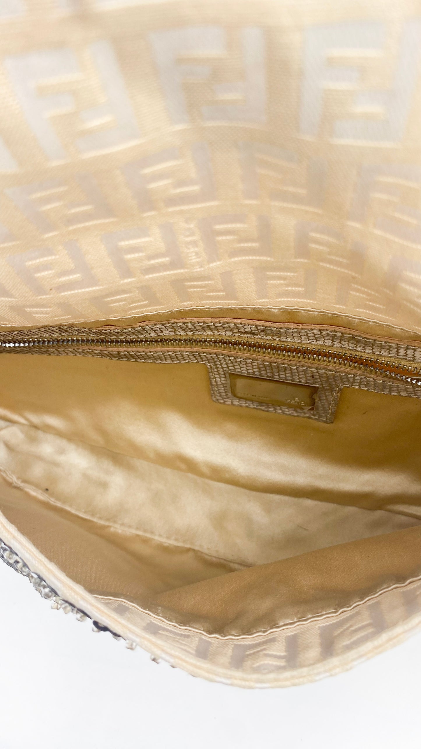 Fendi Cream Embroidered Canvas & Snakeskin 'FF' Logo Beaded Baguette Bag