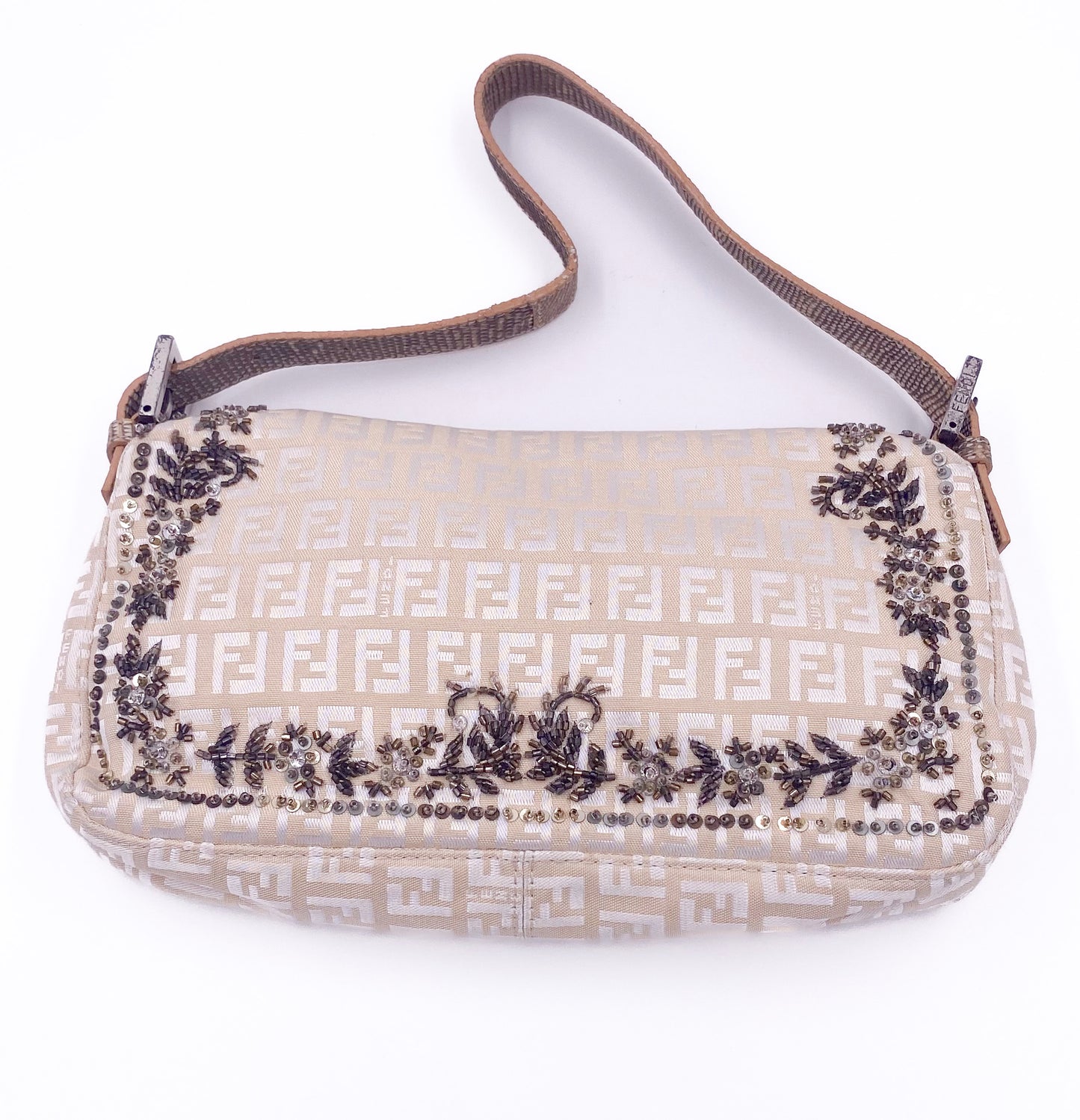 Fendi Cream Embroidered Canvas & Snakeskin 'FF' Logo Beaded Baguette Bag