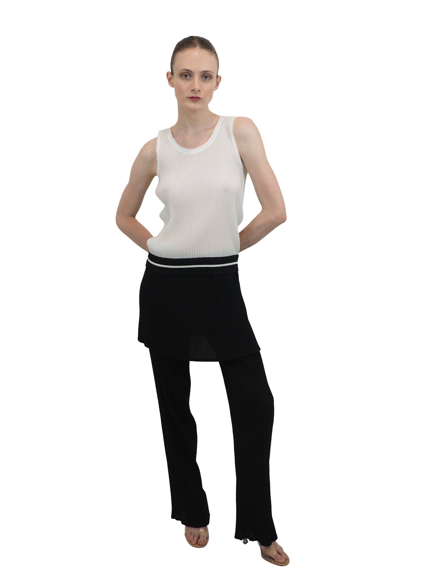 Issey Miyake White pleated Sleeveless Top With Black Bottom Stripe