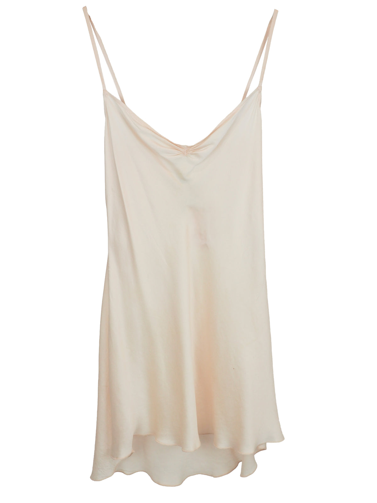 A light cream or off-white satin slip dress with thin spaghetti straps