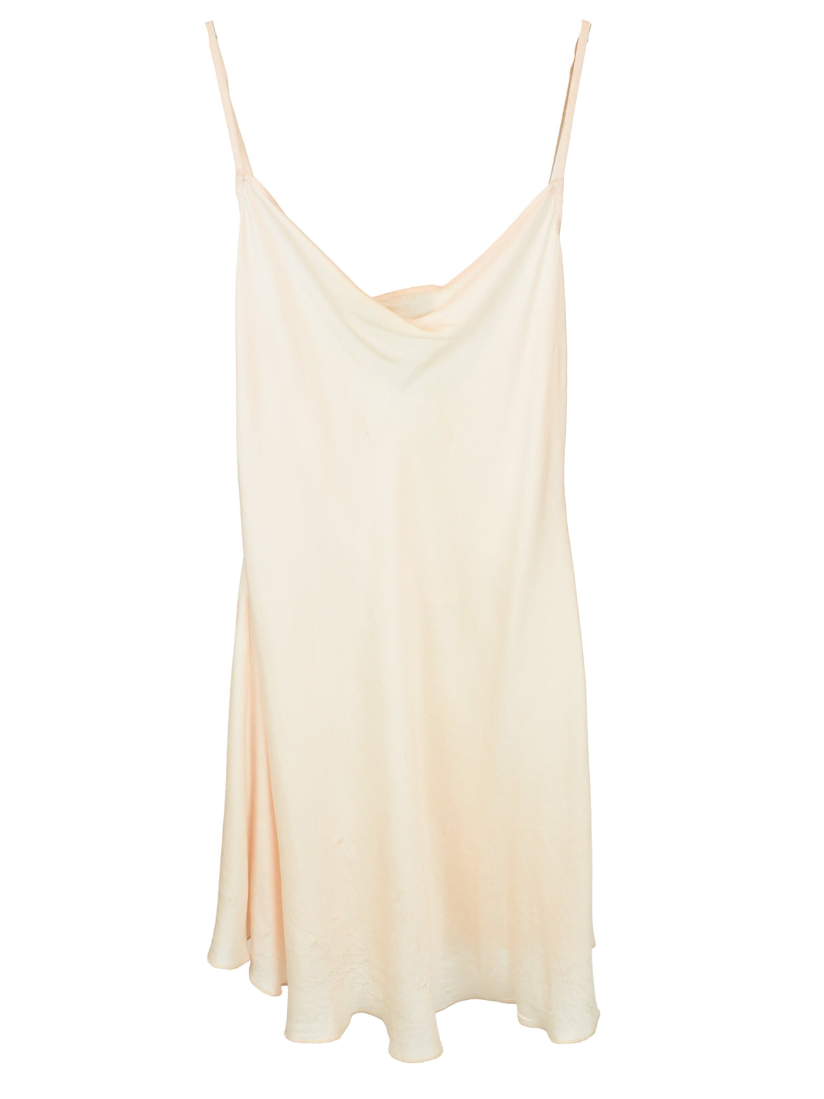 A light cream or off-white satin slip dress with thin spaghetti straps