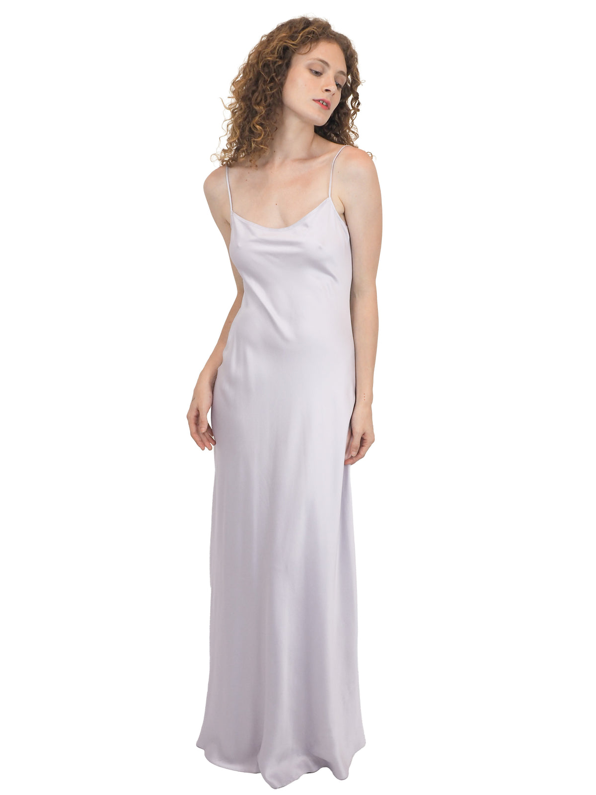 A vintage bridal light grey silver lavender purple satin silk slip dress with spaghetti straps