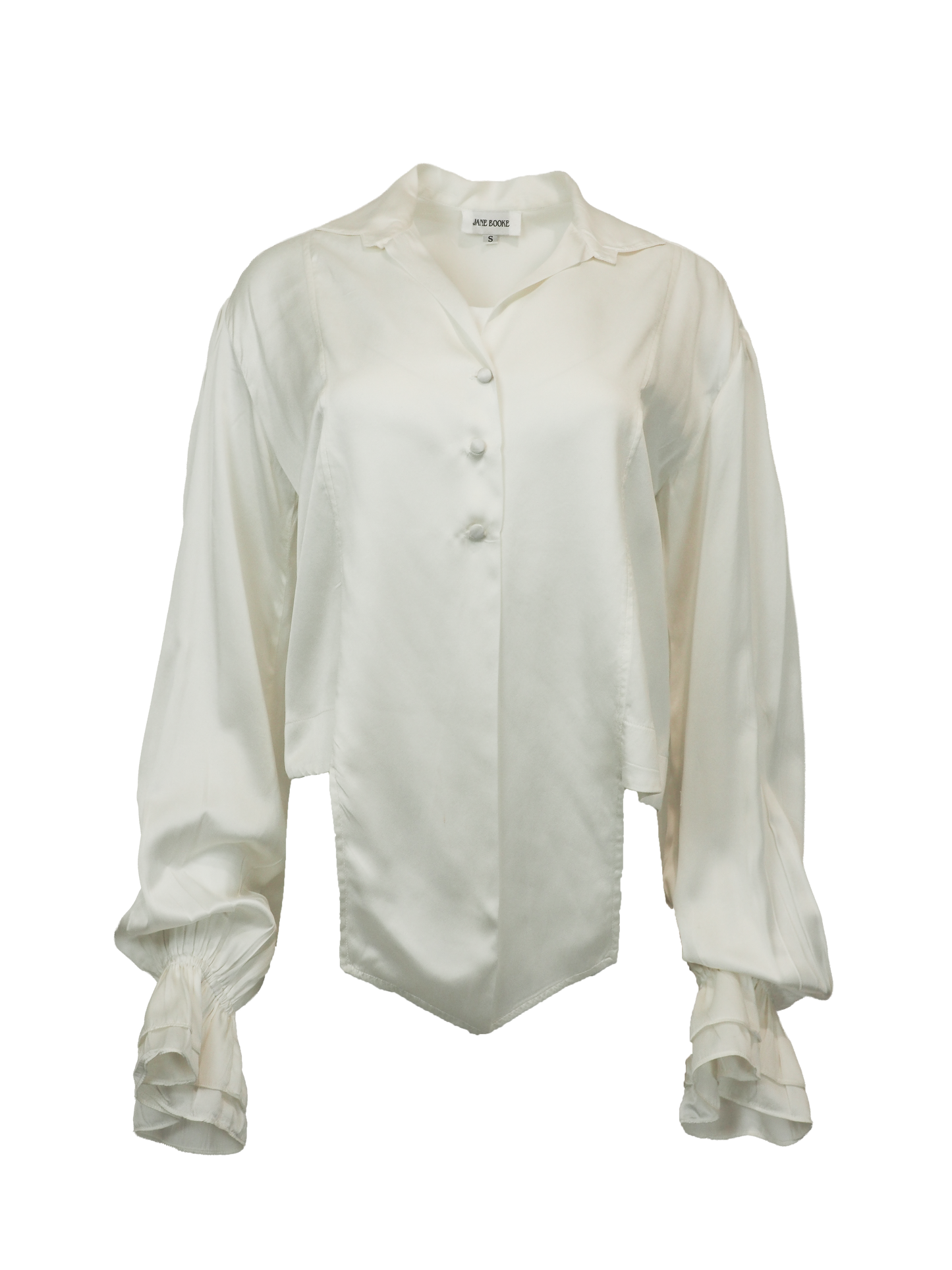 vintage designer Jane booke. An off-white silk blouse with a pointed collar, buttoned front, and dramatic ruffled cuffs, shown against a plain white background.