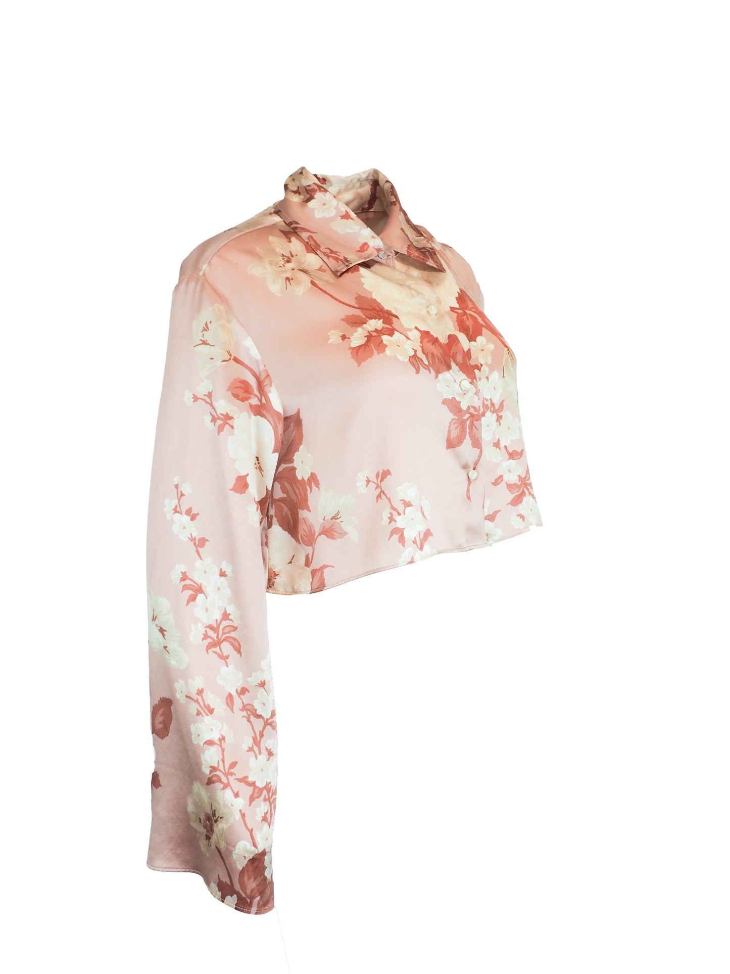 Jane Booke vintage designer long-sleeve satin button-up blouse with a floral print in shades of pink, red, and cream, featuring a pointed collar and cropped hem.