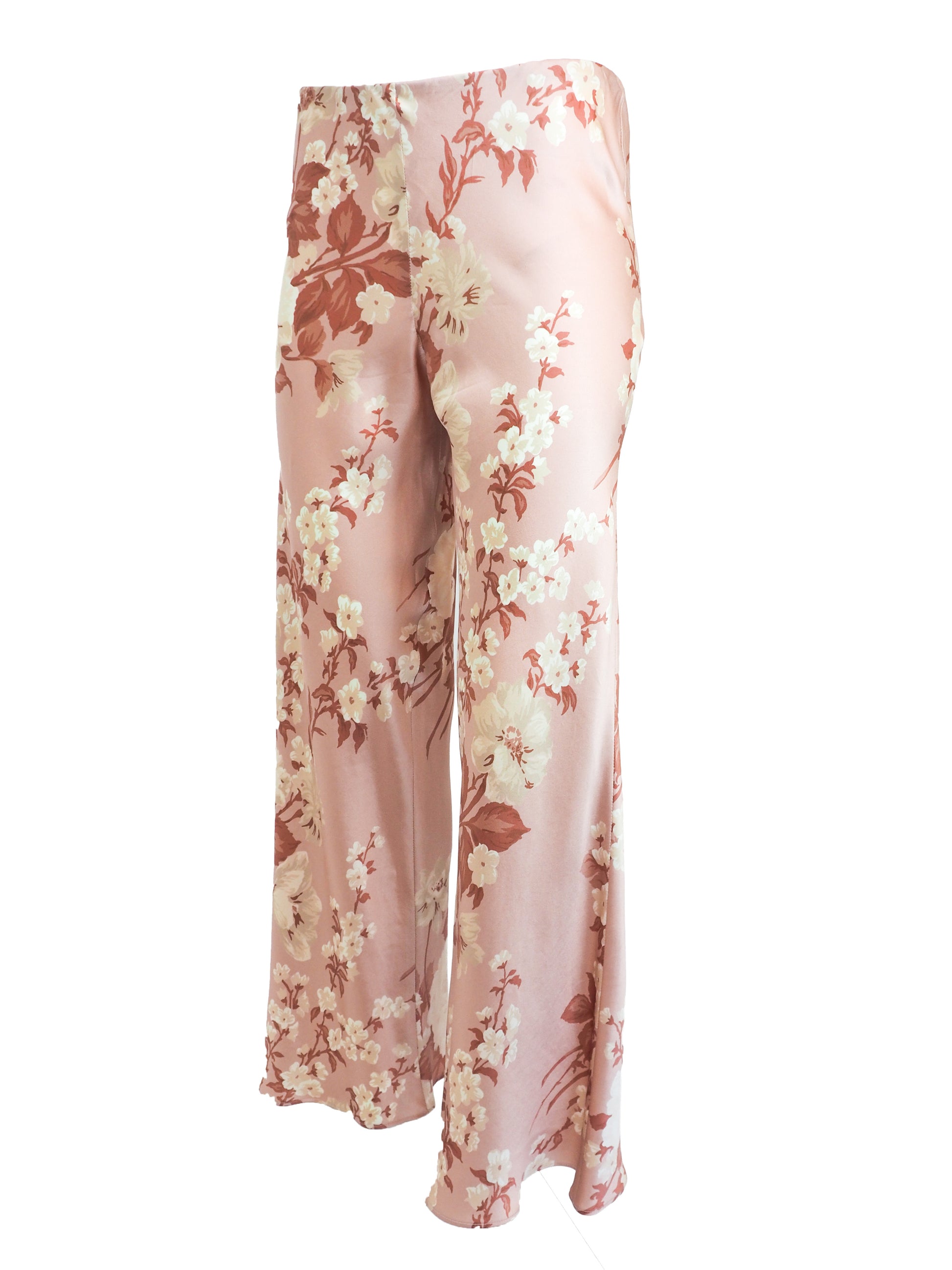 vintage Jane booke wide-leg trousers in a light pink satin-like fabric with an all-over floral print in cream, rust, and muted red, shown against a plain white background.
