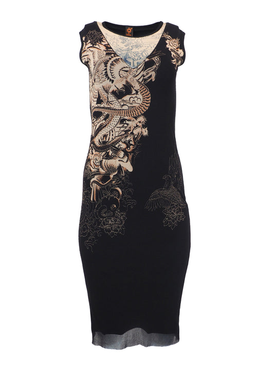 A vintage jean Paul gaultier mesh sleeveless black midi dress featuring a large beige and gold dragon graphic print on the front, with a sheer hem