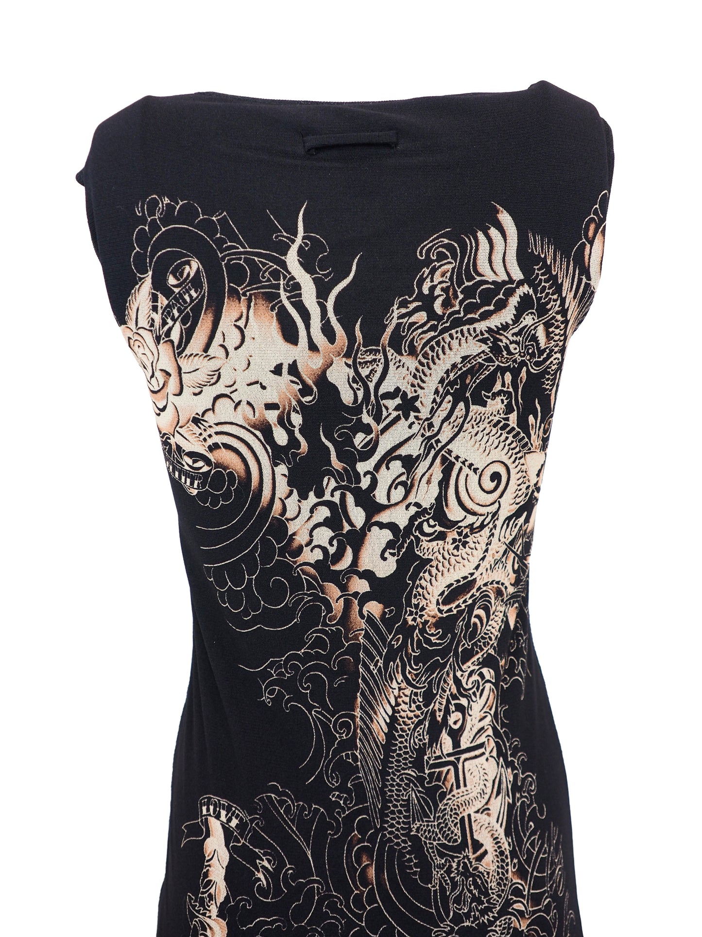A vintage jean Paul gaultier mesh sleeveless black midi dress featuring a large beige and gold dragon graphic print on the front, with a sheer hem