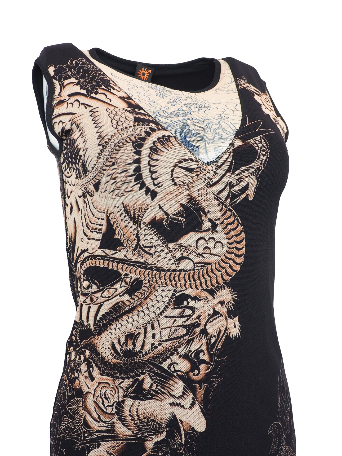 A vintage jean Paul gaultier mesh sleeveless black midi dress featuring a large beige and gold dragon graphic print on the front, with a sheer hem