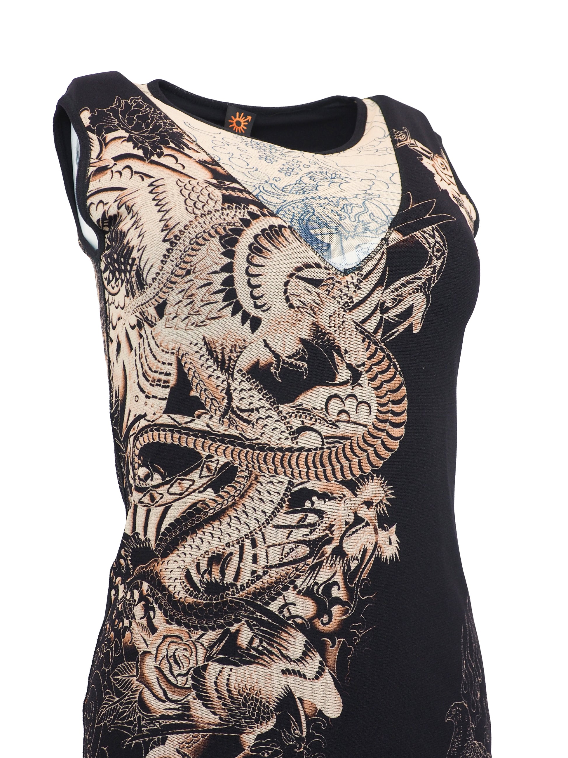 A vintage jean Paul gaultier mesh sleeveless black midi dress featuring a large beige and gold dragon graphic print on the front, with a sheer hem
