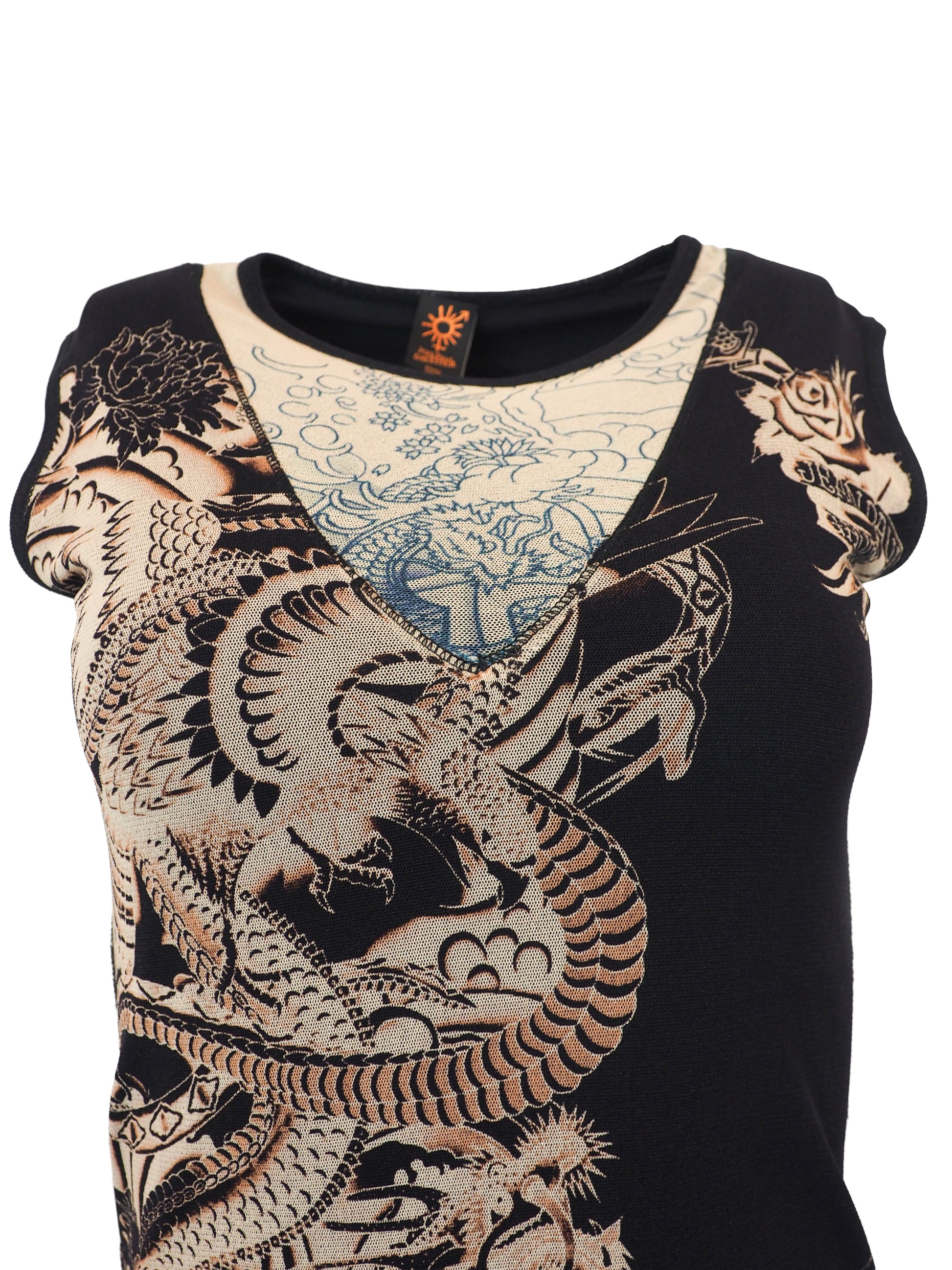 A vintage jean Paul gaultier mesh sleeveless black midi dress featuring a large beige and gold dragon graphic print on the front, with a sheer hem