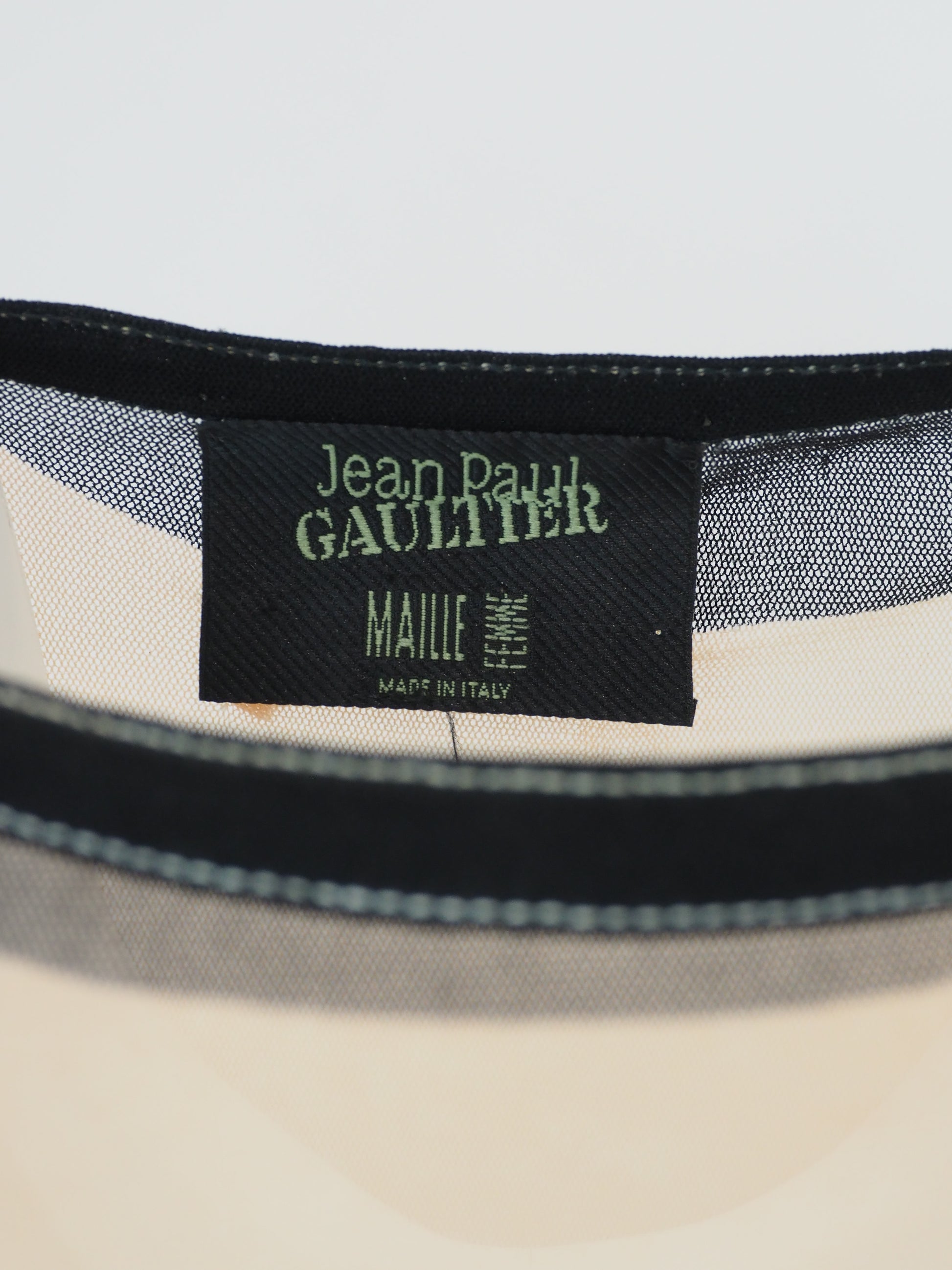 A women's jean Paul gaultier vintage  long-sleeve mesh top in light green with a floral rose print border and black trim details