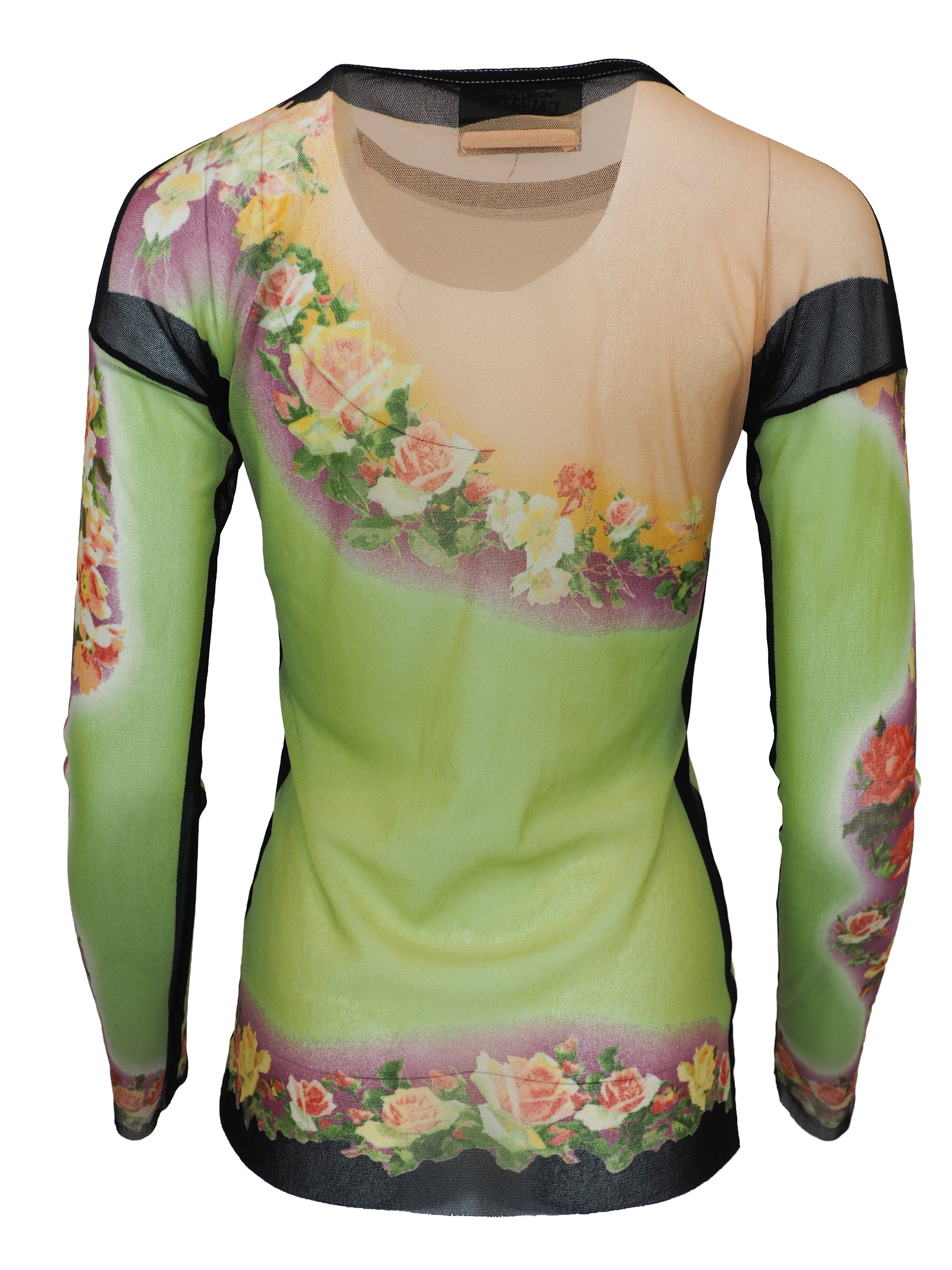 A women's jean Paul gaultier vintage  long-sleeve mesh top in light green with a floral rose print border and black trim details