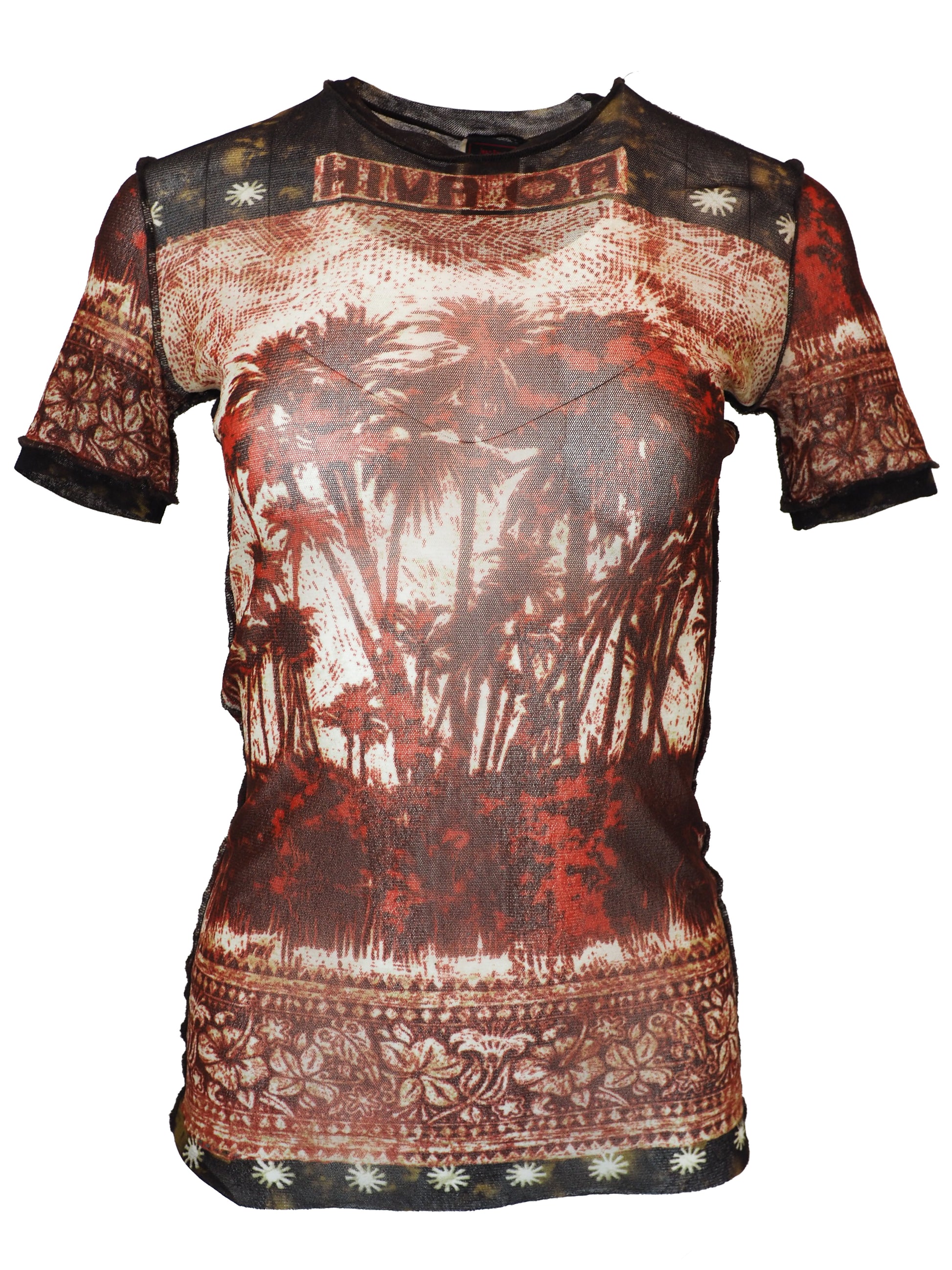 A vintage jean Paul gaultier short-sleeve t-shirt with a distressed, vintage-style graphic print featuring a tropical palm tree scene in shades of red, brown, and beige, with tribal-style patterns on the shoulders and hem.