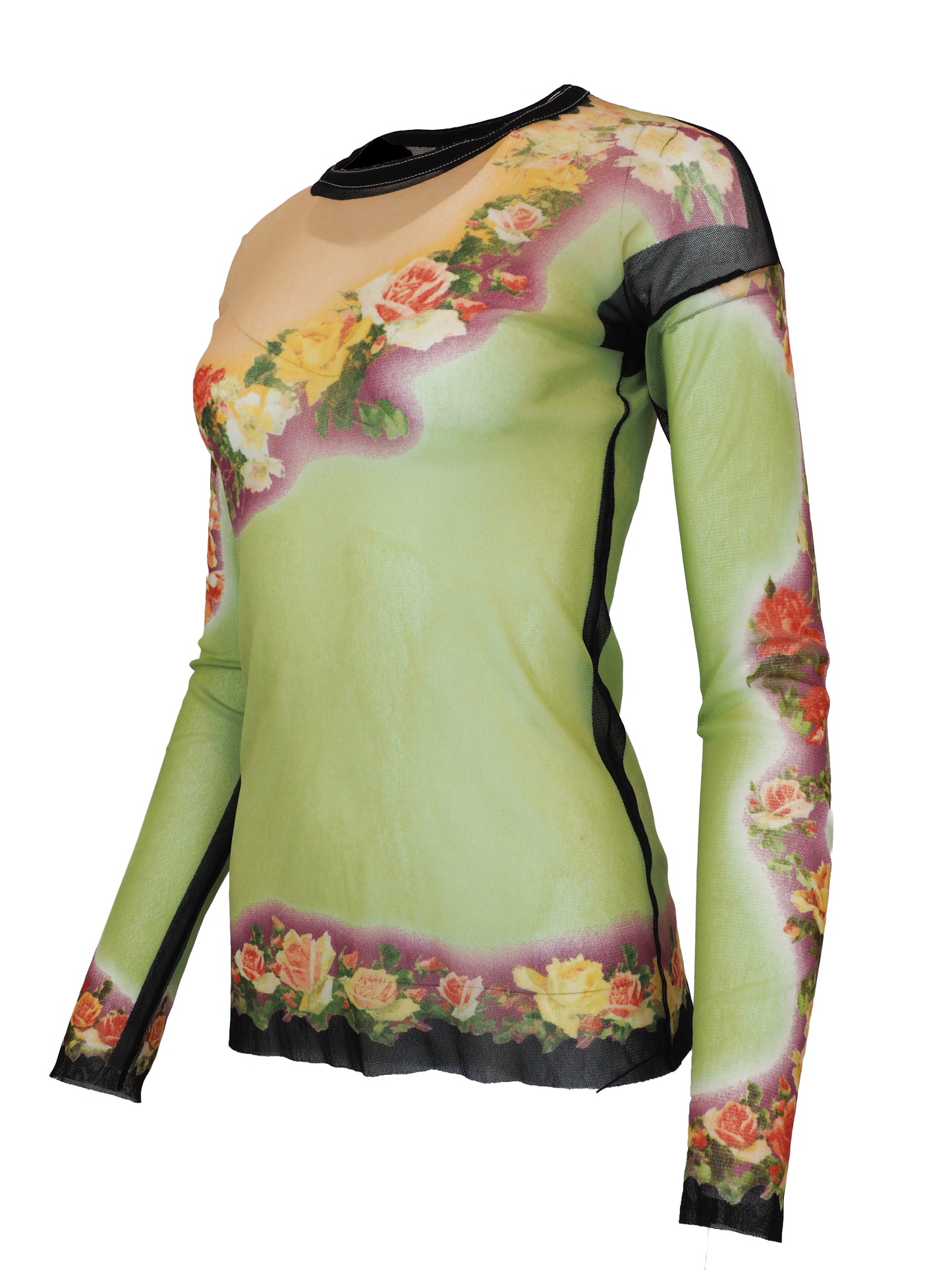 A women's jean Paul gaultier vintage  long-sleeve mesh top in light green with a floral rose print border and black trim details, shown on a white background.