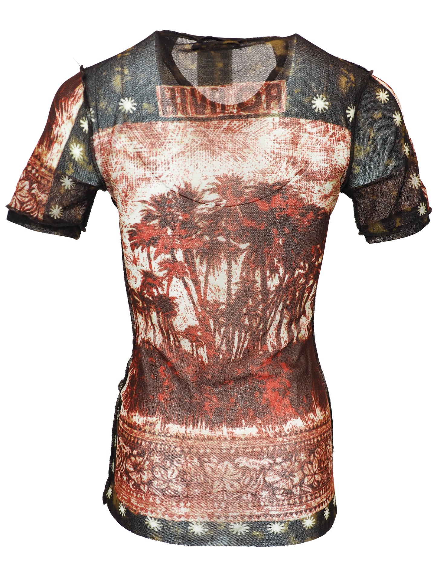 A vintage jean Paul gaultier short-sleeve t-shirt with a distressed, vintage-style graphic print featuring a tropical palm tree scene in shades of red, brown, and beige, with tribal-style patterns on the shoulders and hem.