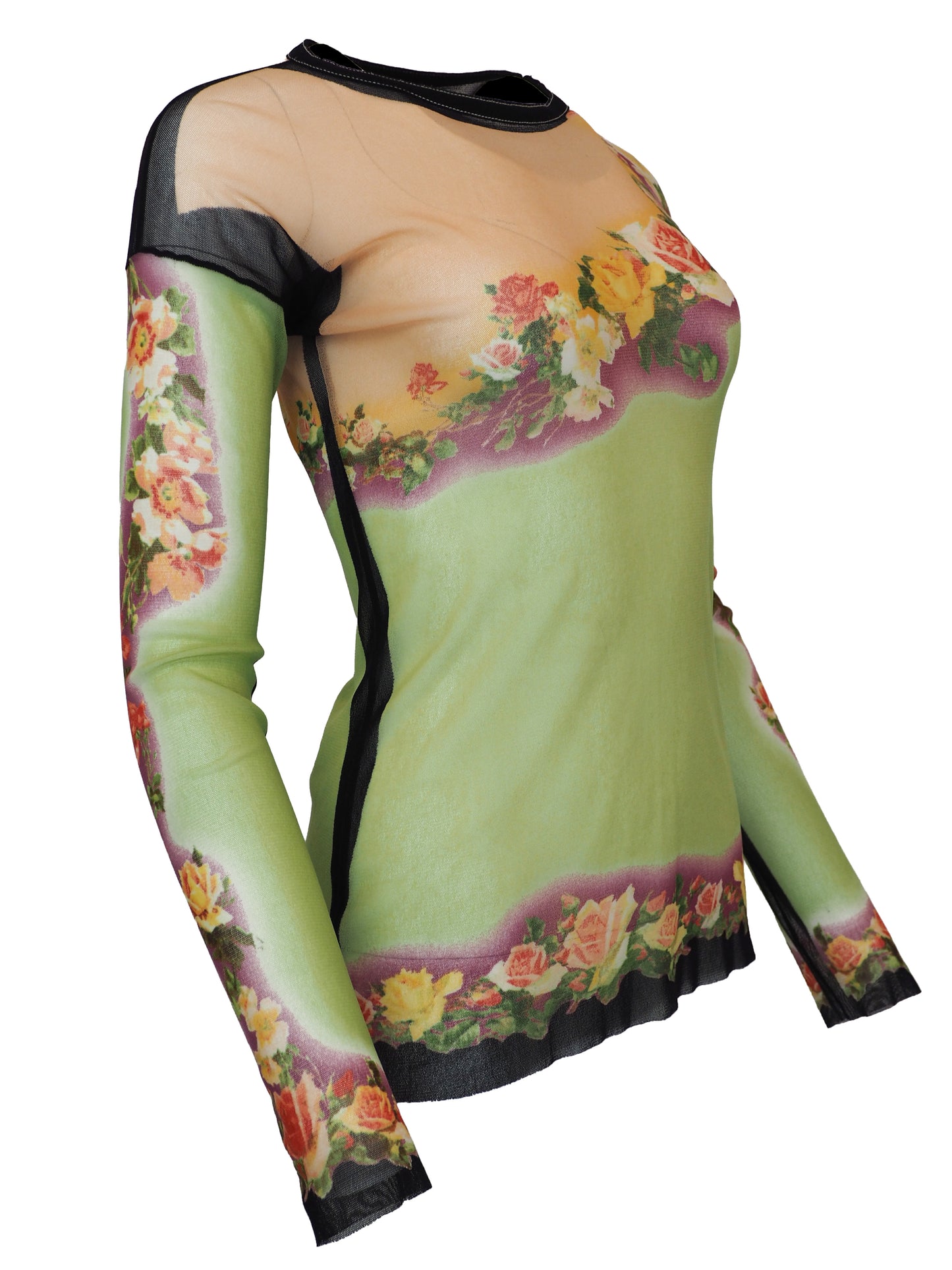 A women's jean Paul gaultier vintage  long-sleeve mesh top in light green with a floral rose print border and black trim details