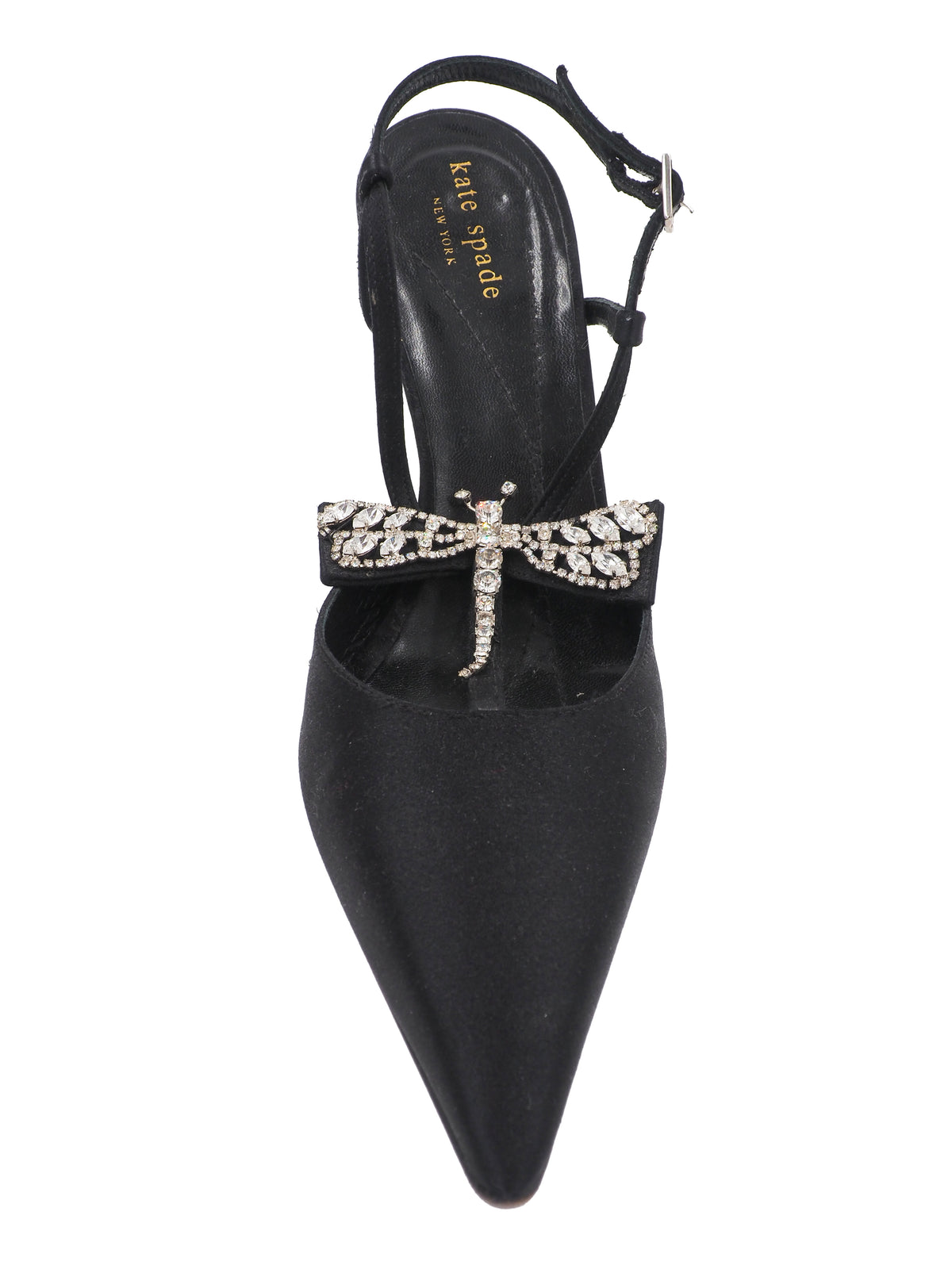 A pair of vintage Kate spade black pointed-toe slingback heels with delicate ankle straps, embellished with a jeweled bow detail on the instep and a small gold buckle.