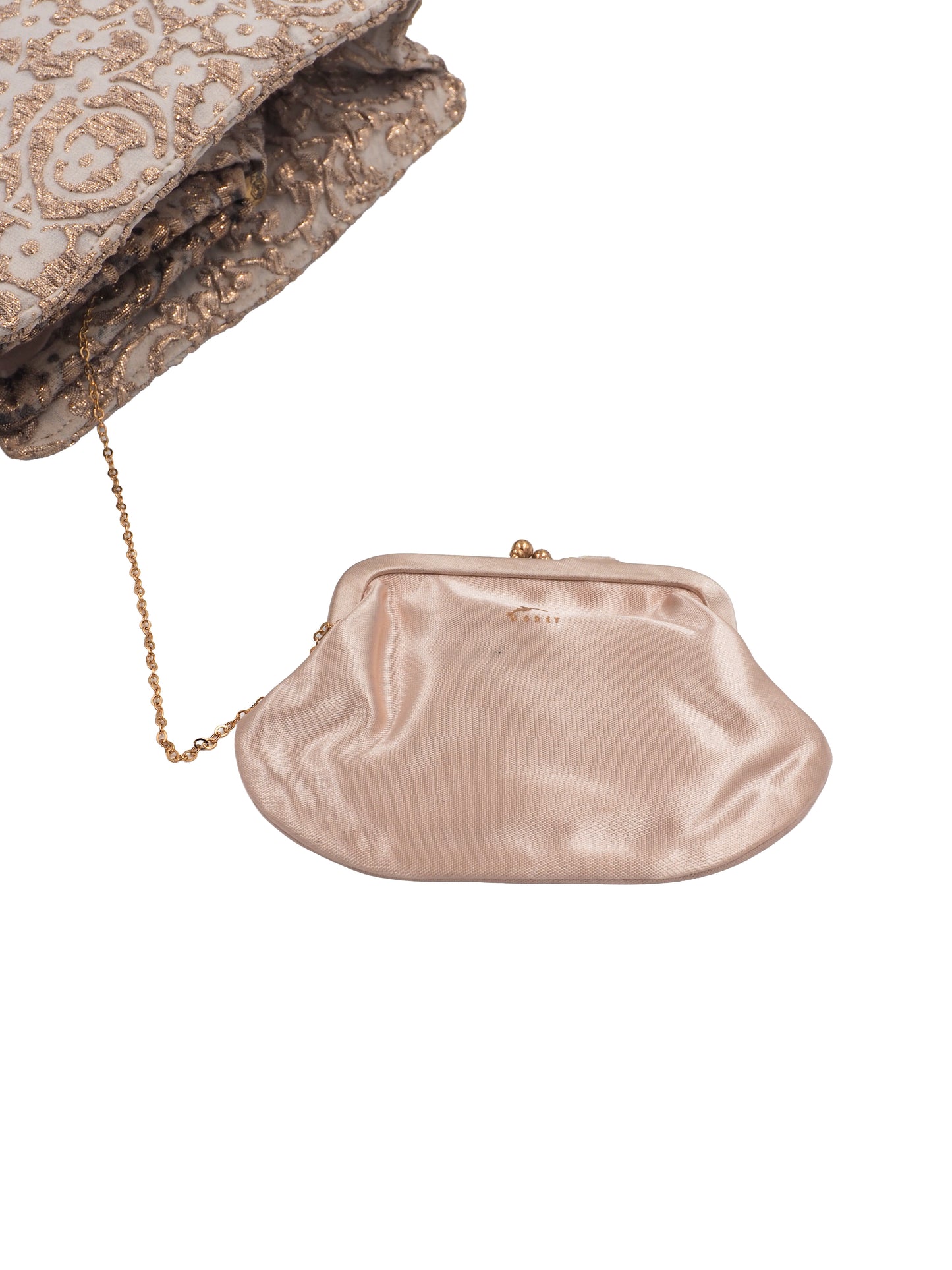 A 1960s Koret vintage structured evening clutch bag in beige and gold lace, featuring a braided top handle and a gold-tone metal clasp adorned with faux pearls