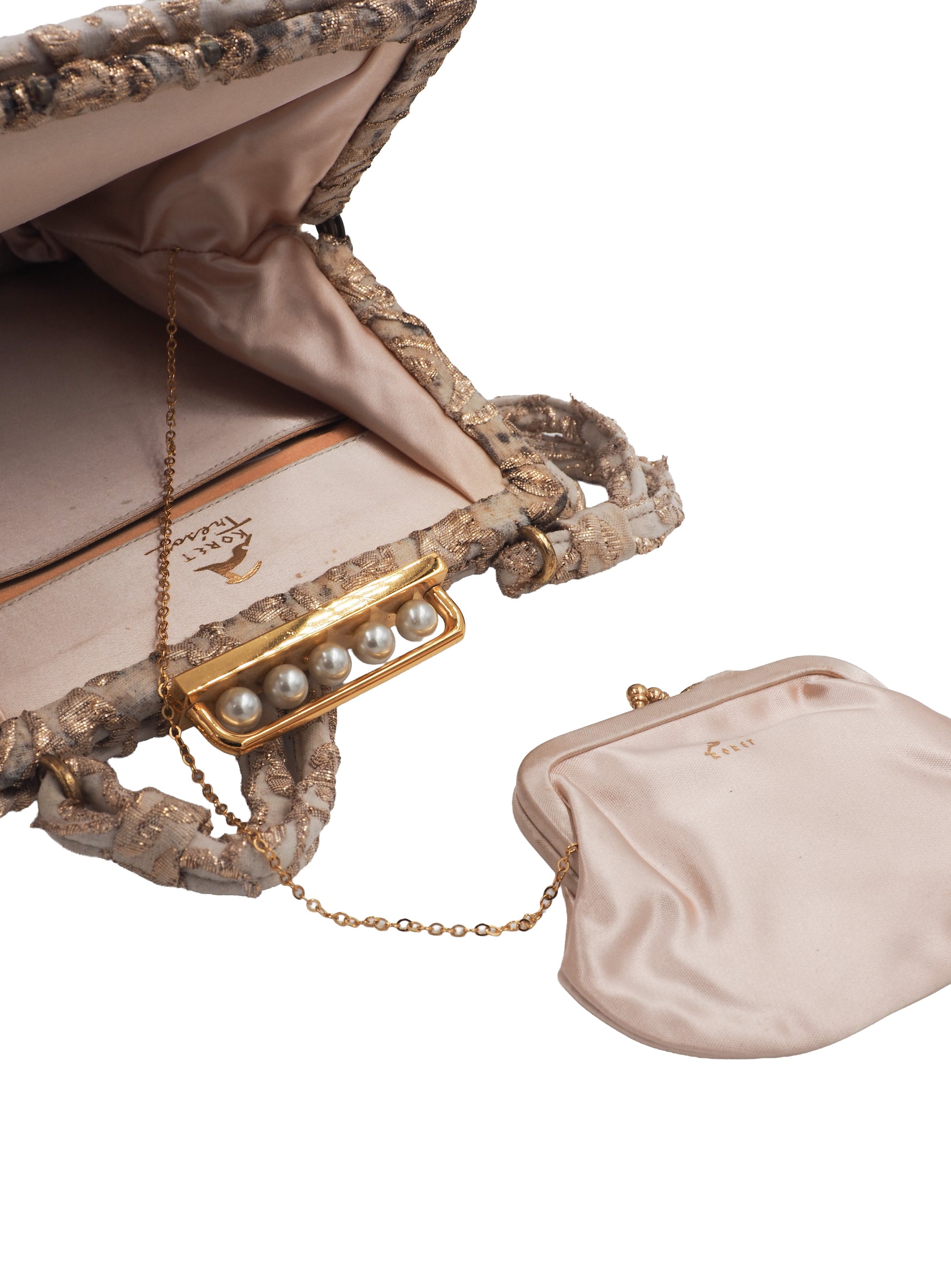 A 1960s Koret vintage structured evening clutch bag in beige and gold lace, featuring a braided top handle and a gold-tone metal clasp adorned with faux pearls