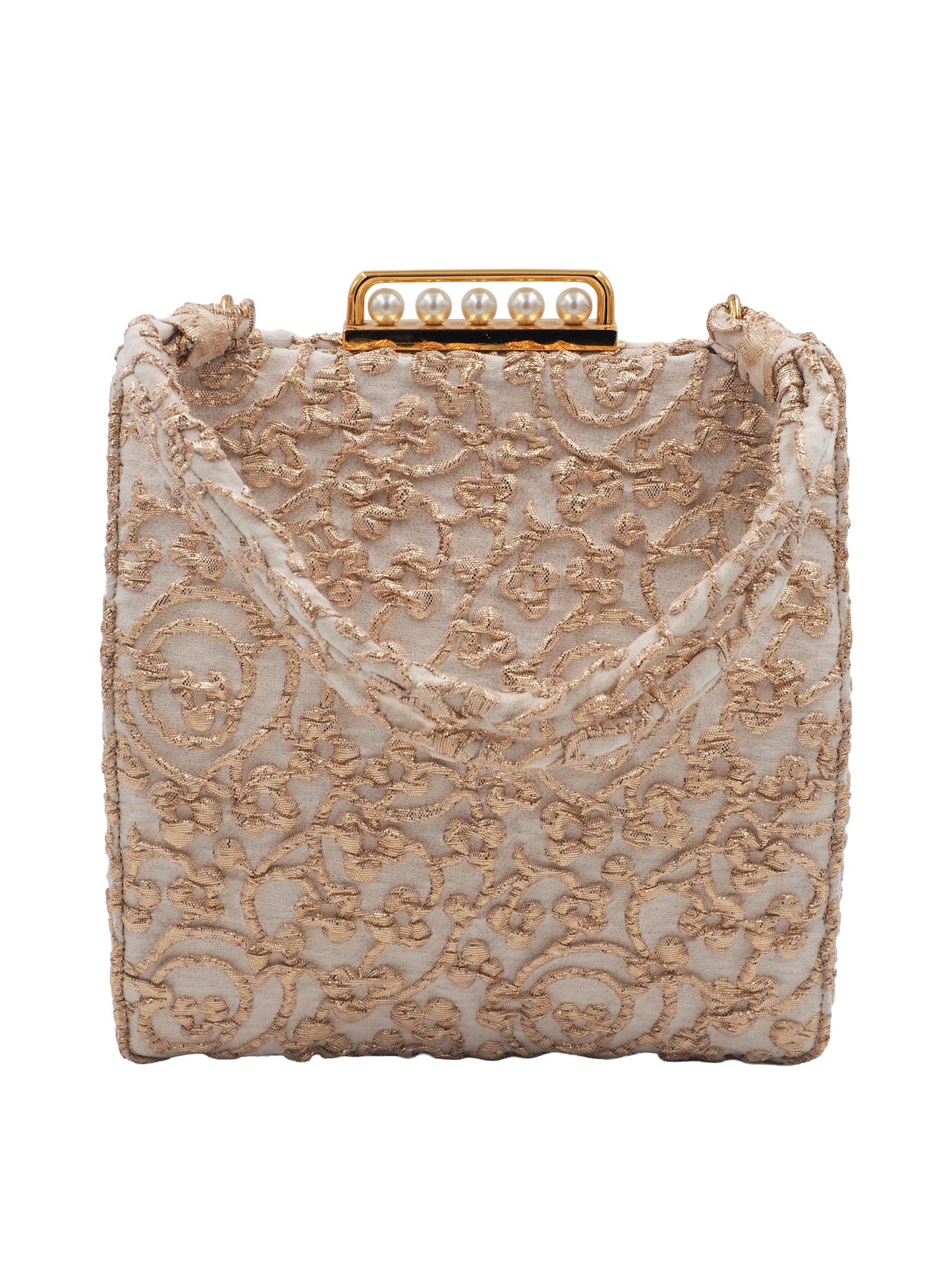 A 1960s Koret vintage structured evening clutch bag in beige and gold lace, featuring a braided top handle and a gold-tone metal clasp adorned with faux pearls