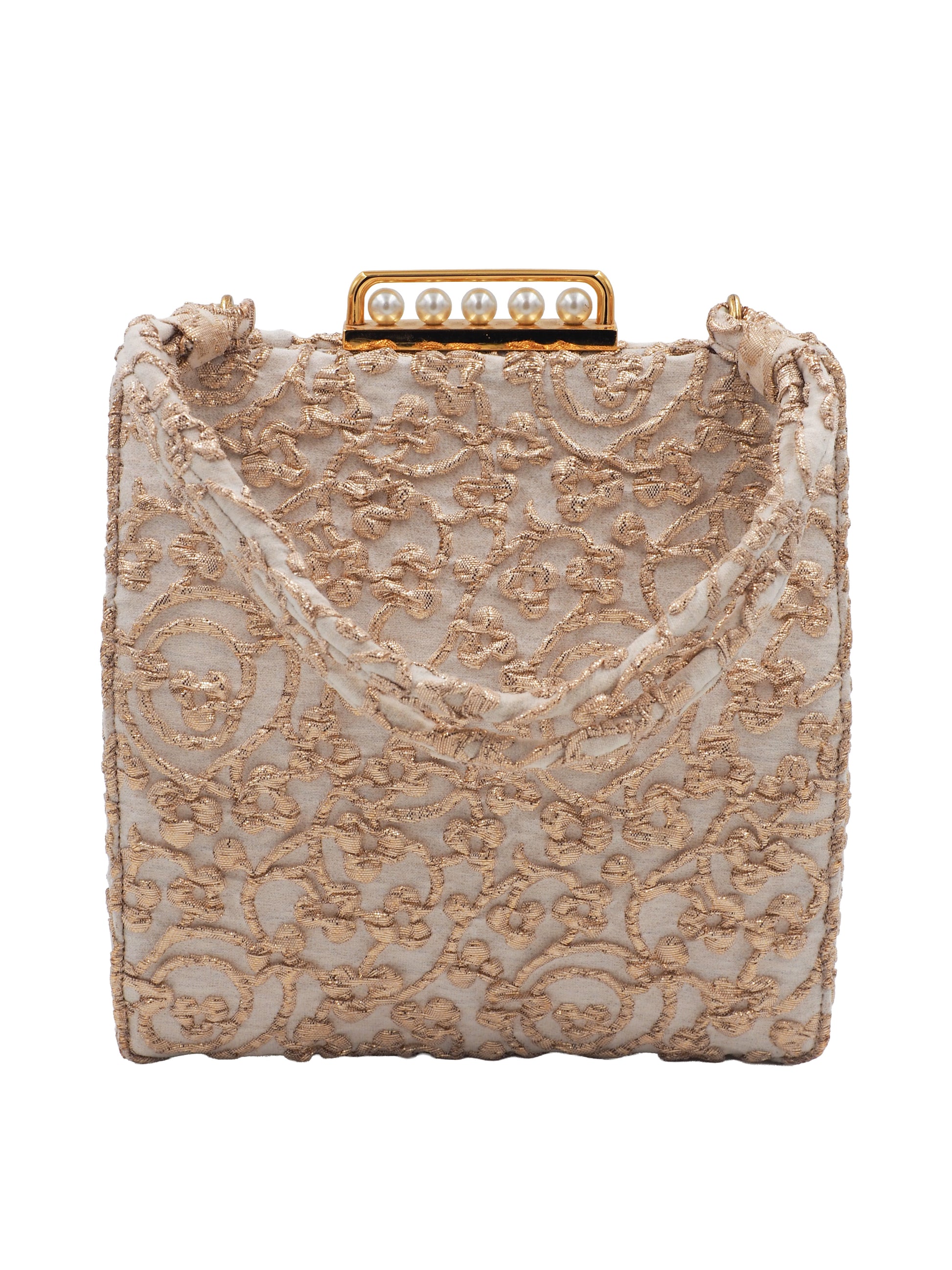 A 1960s Koret vintage structured evening clutch bag in beige and gold lace, featuring a braided top handle and a gold-tone metal clasp adorned with faux pearls