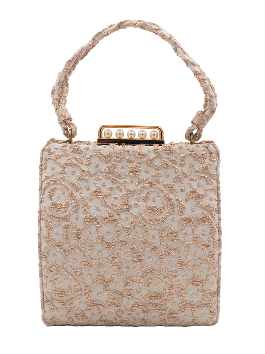 A 1960s Koret vintage structured evening clutch bag in beige and gold lace, featuring a braided top handle and a gold-tone metal clasp adorned with faux pearls