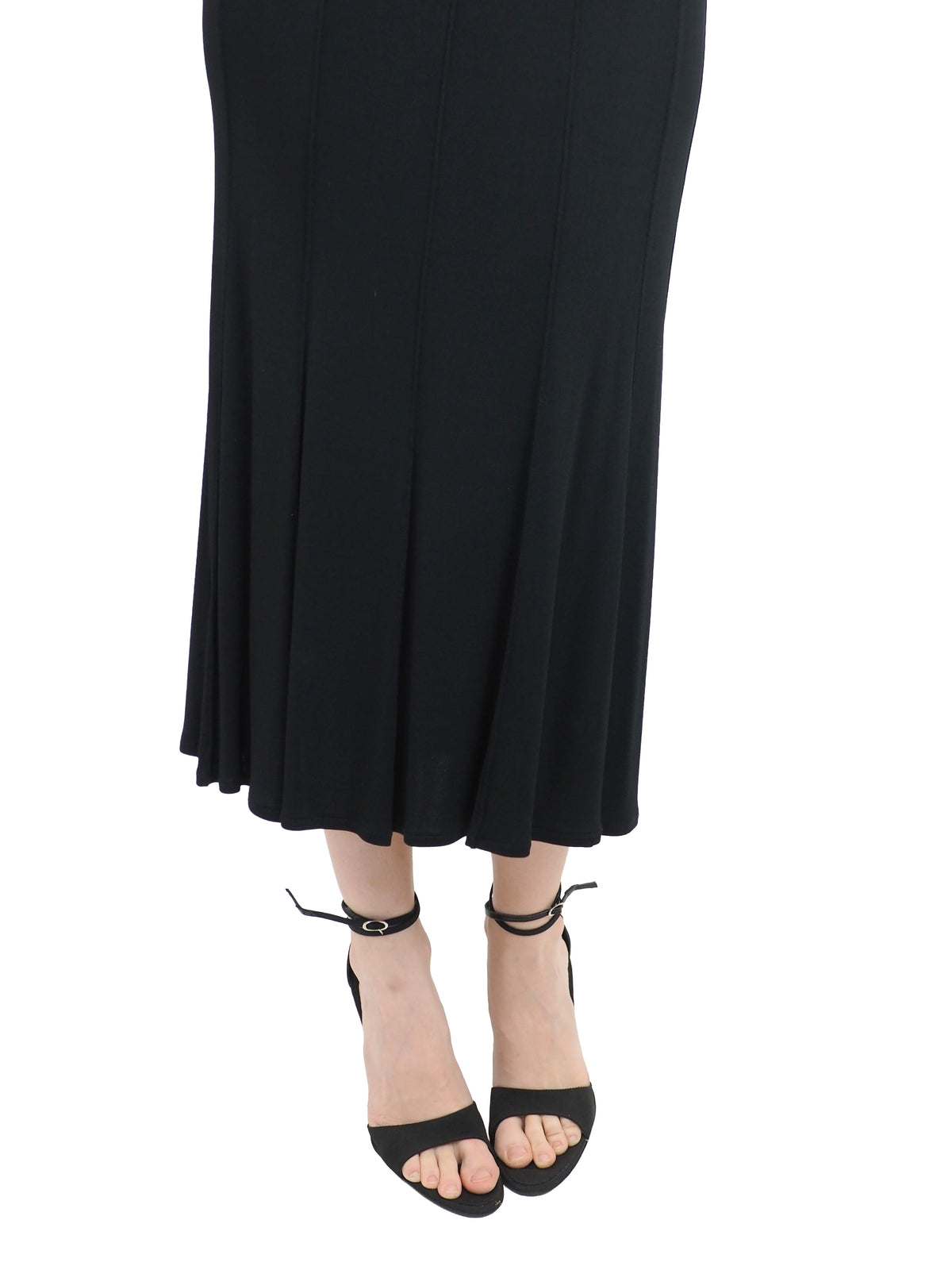 A vintage Karl Lagerfeld 90s black midi dress with sheer three-quarter sleeves and small silver buttons at the neckline