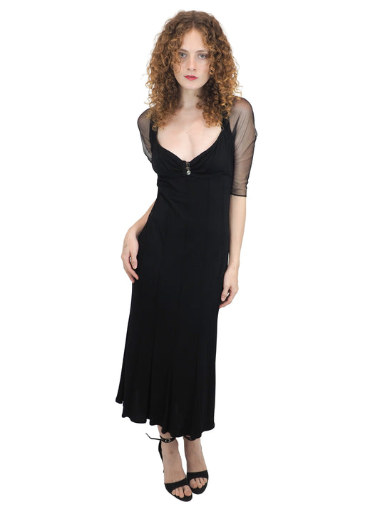 A vintage Karl Lagerfeld 90s black midi dress with sheer three-quarter sleeves and small silver buttons at the neckline