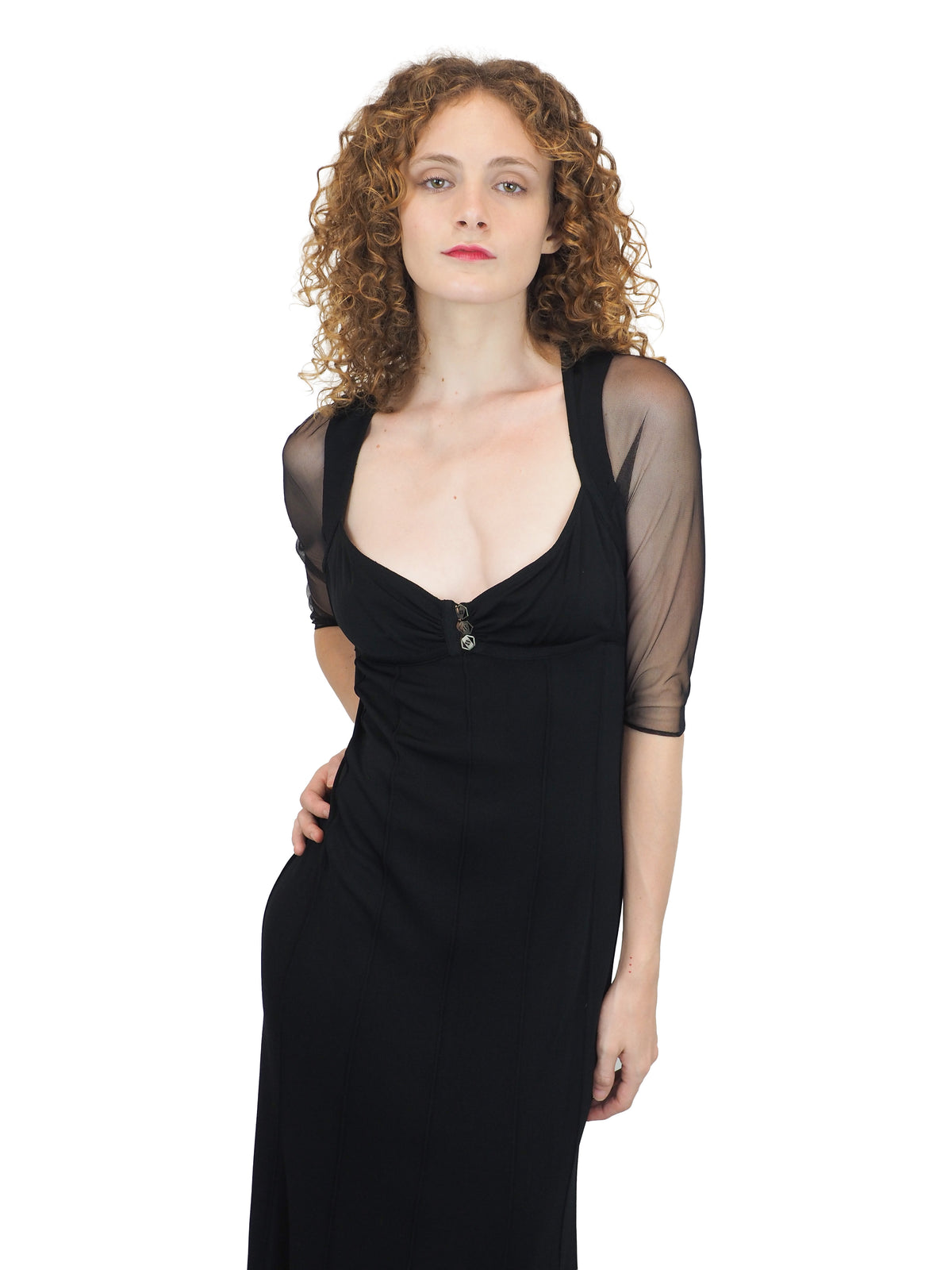 A vintage Karl Lagerfeld 90s black midi dress with sheer three-quarter sleeves and small silver buttons at the neckline