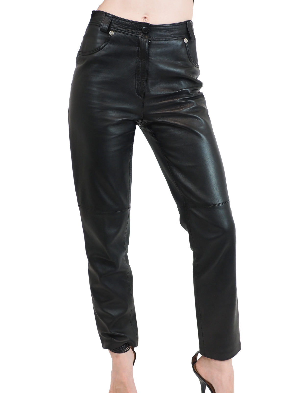Vintage Versace Black leather cropped pants with a straight-leg fit
