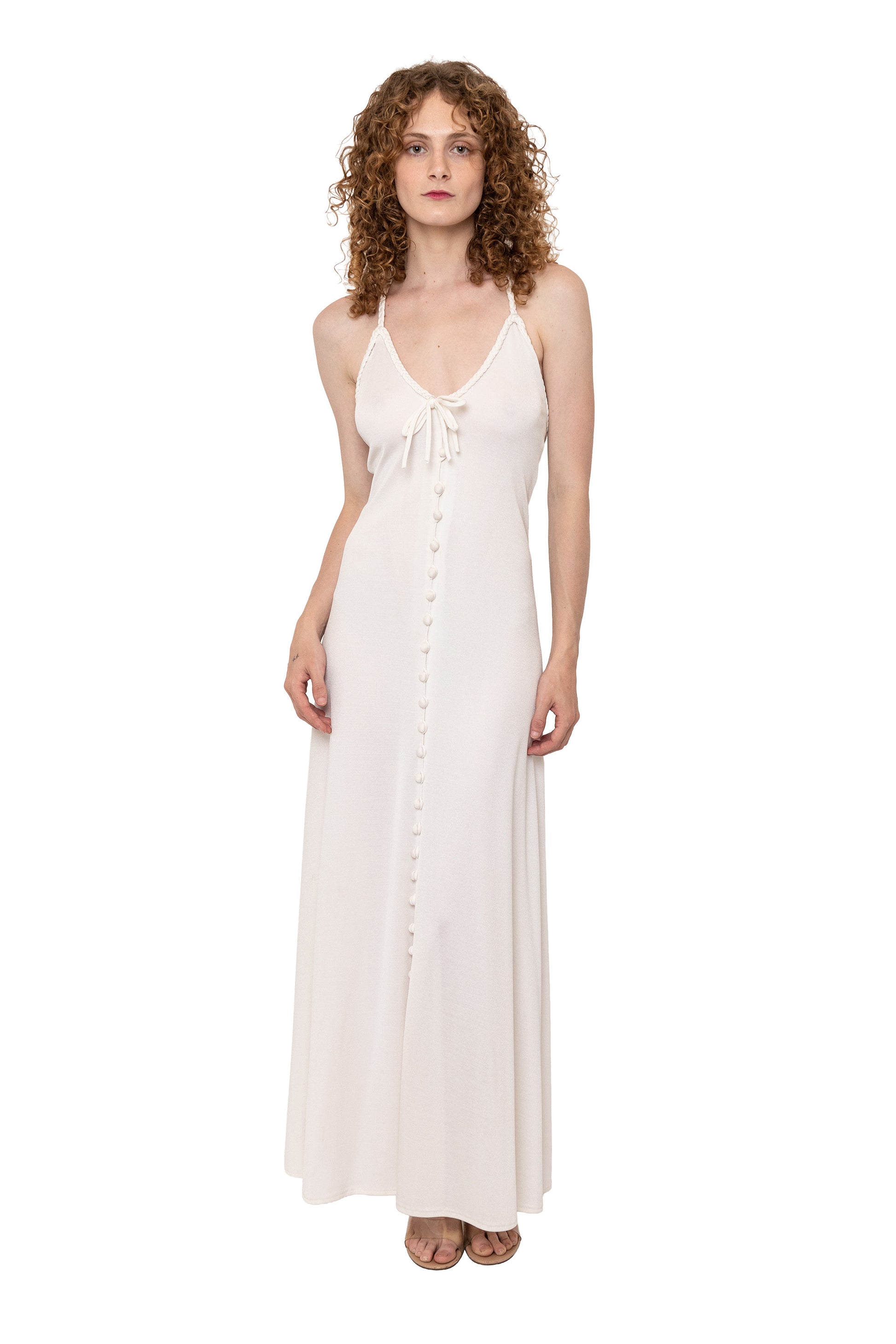 Loris Azzaro 1970's halter dress in white, ivory, cream. Braided details, button down. Bridal, wedding, honeymoon, gown