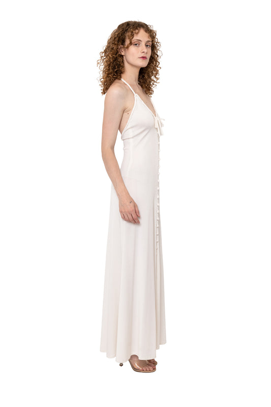 Loris Azzaro 1970's halter dress in white, ivory, cream. Braided details, button down. Bridal, wedding, honeymoon, gown