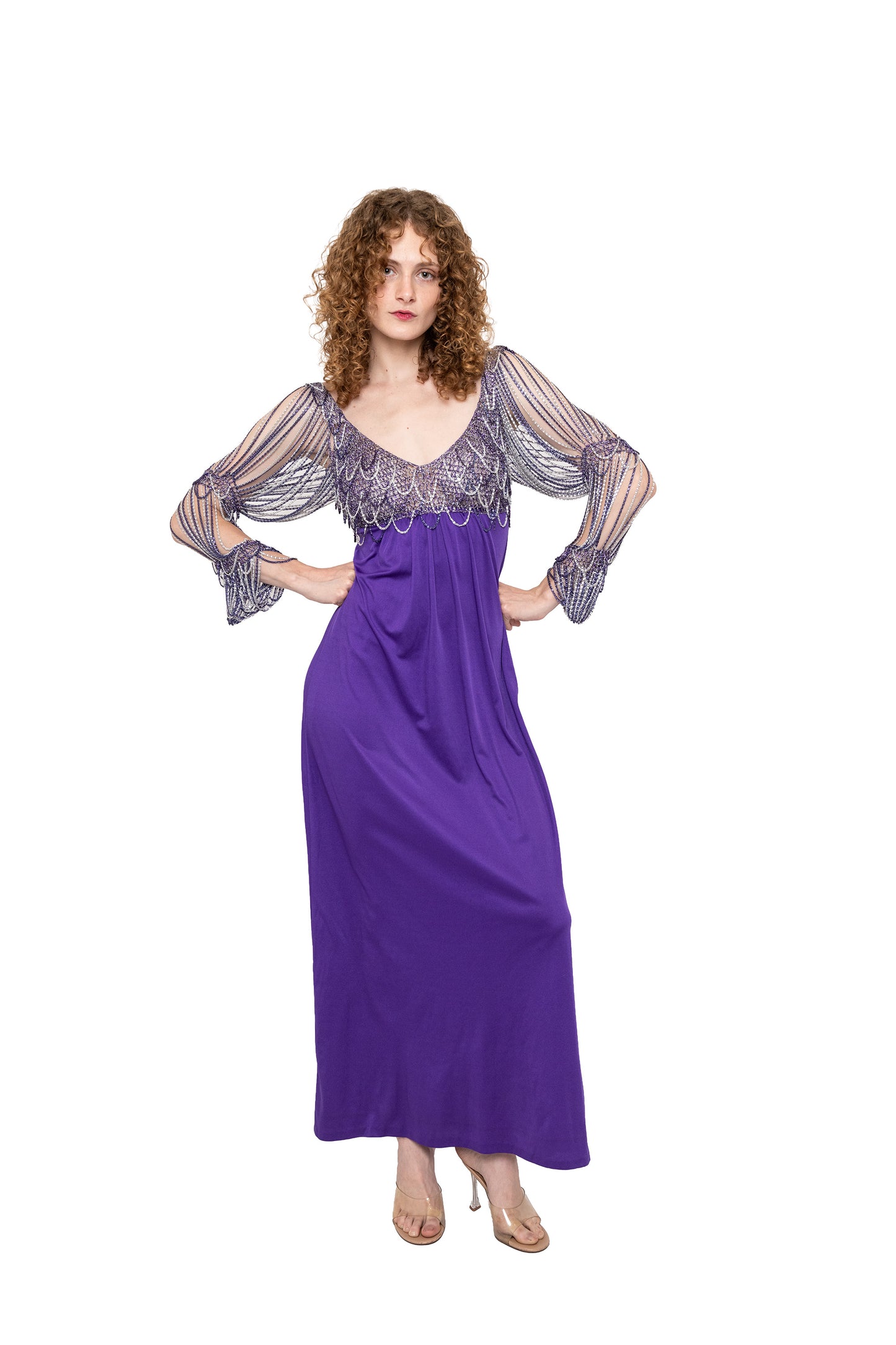 loris azzaro 1971 vintage dress with chainmail purple gown, retro designer party dress, wedding, vacation, photoshoot