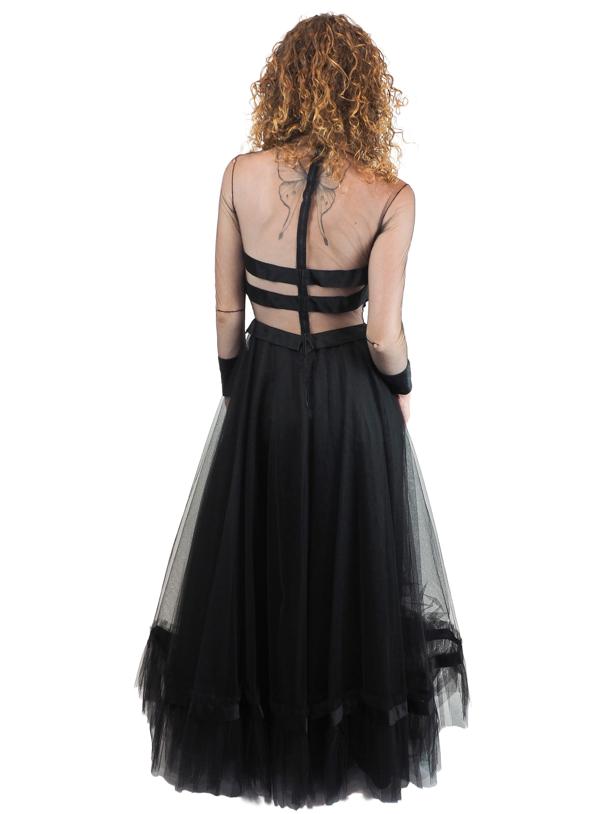 a vintage loris azzarro black strappy tulle formal gown with a sheer chevron satin bodice and layered tulle skirt