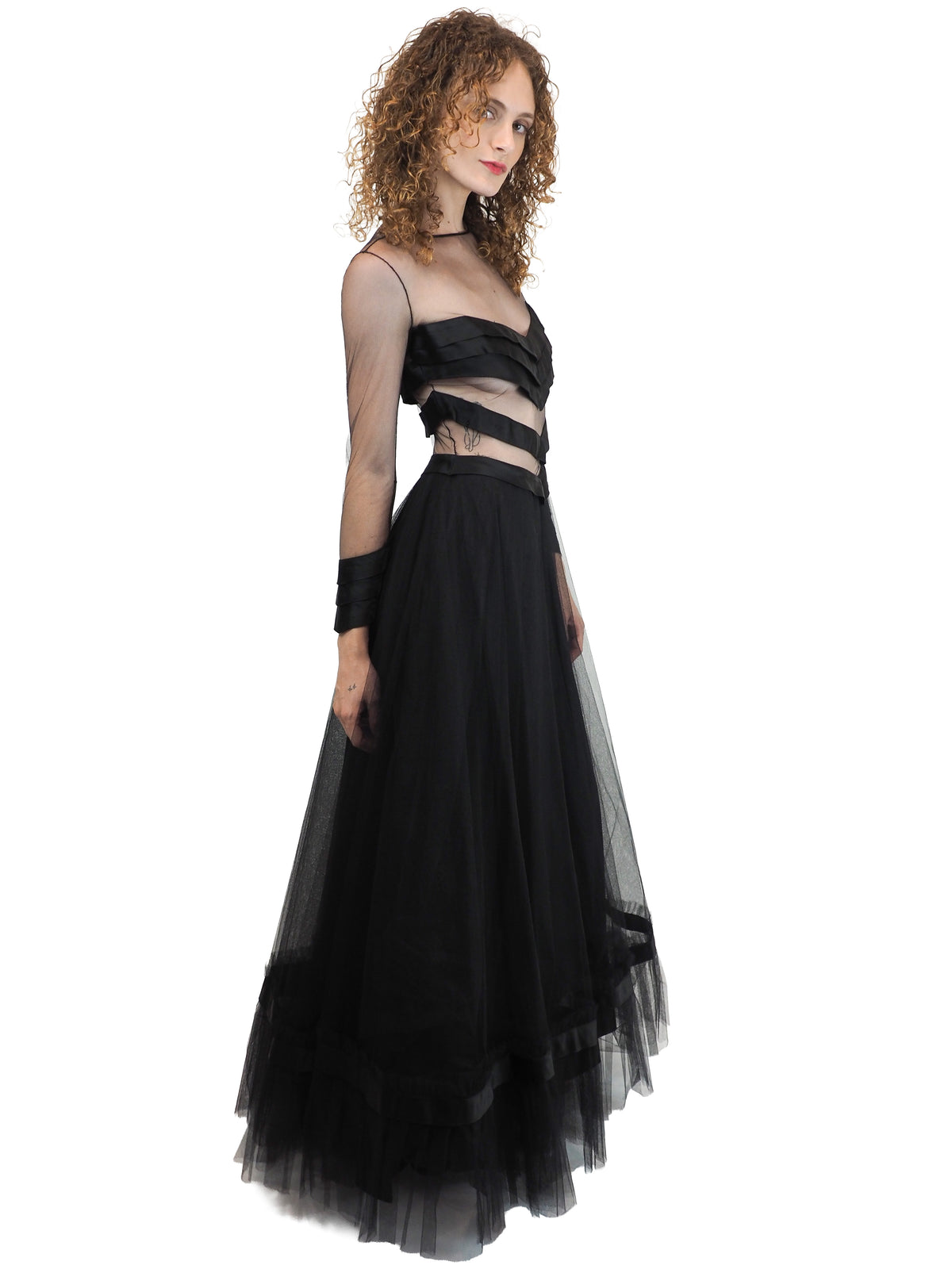 a vintage loris azzarro black strappy tulle formal gown with a sheer chevron satin bodice and layered tulle skirt