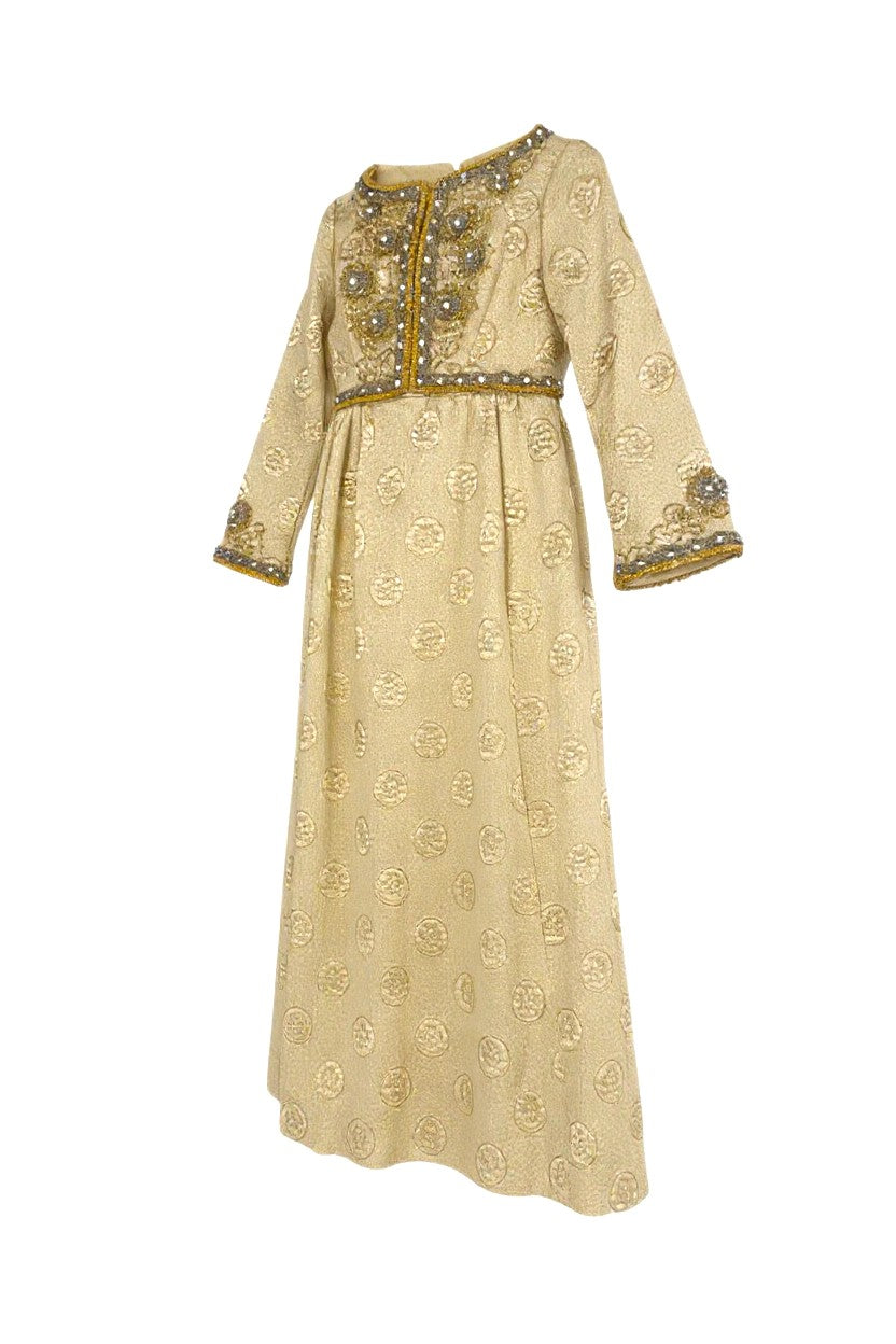 Gold vintage embroidered dress with gold details on a white background