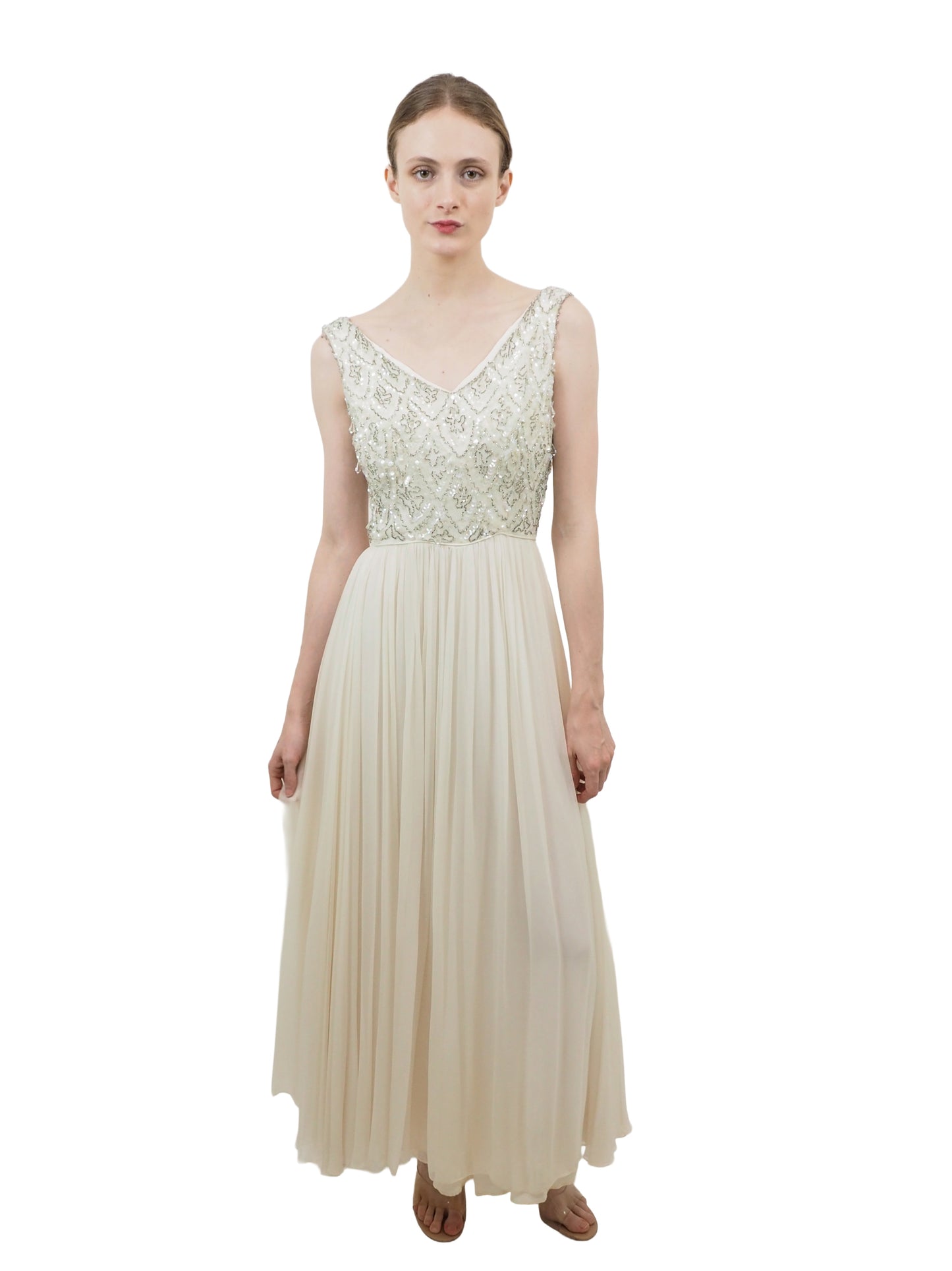 Mardi Gras 1960's White Chiffon Dress with Beaded Bodice