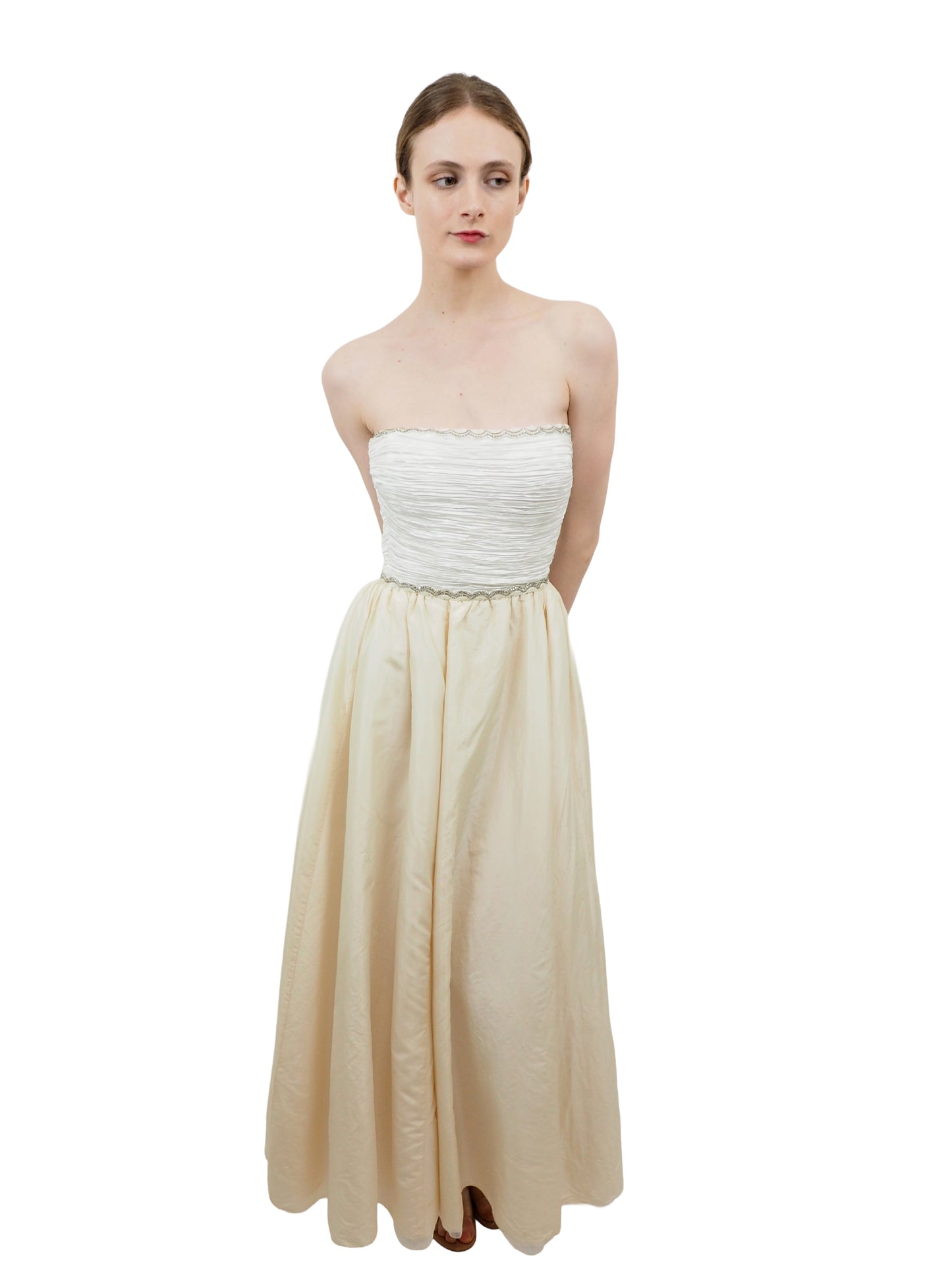 Mary McFadden Couture White Strapless Dress With Empire Beadwork