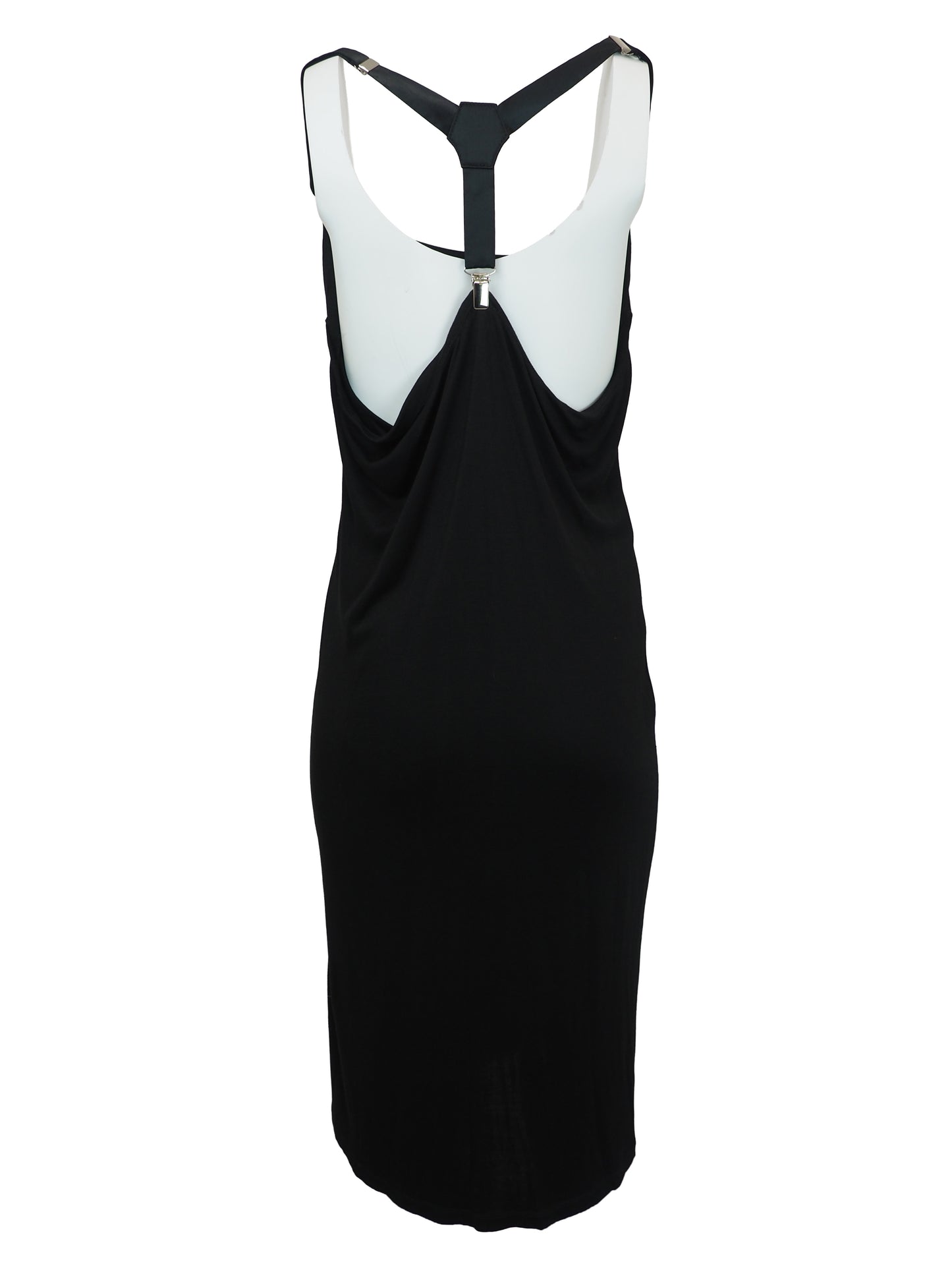 A vintage Alexander McQueen black sleeveless cowl-neck dress with double suspender shoulder straps and a crisscross back detail, shown against a plain white background.