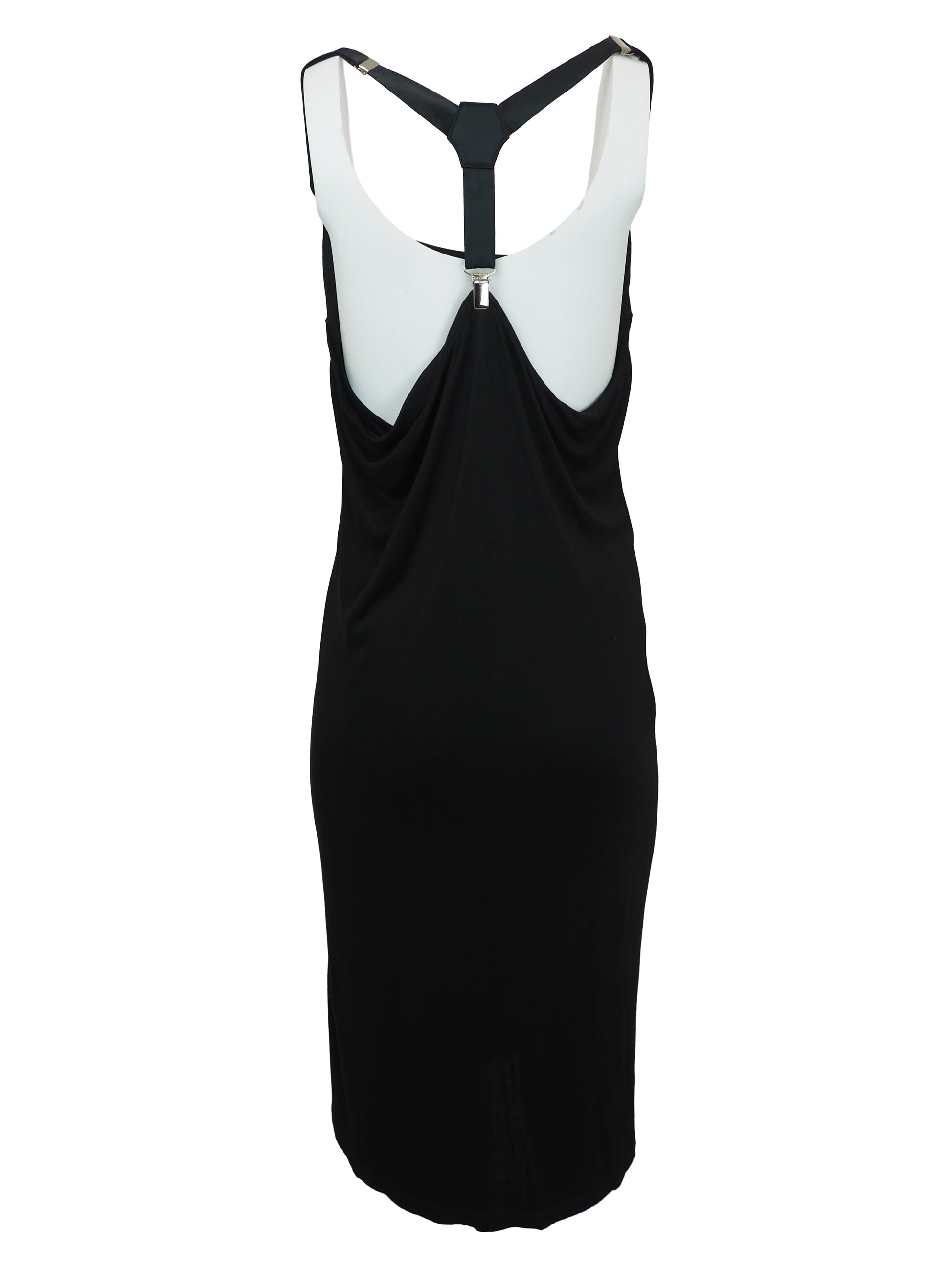 A vintage Alexander McQueen black sleeveless cowl-neck dress with double suspender shoulder straps and a crisscross back detail, shown against a plain white background.