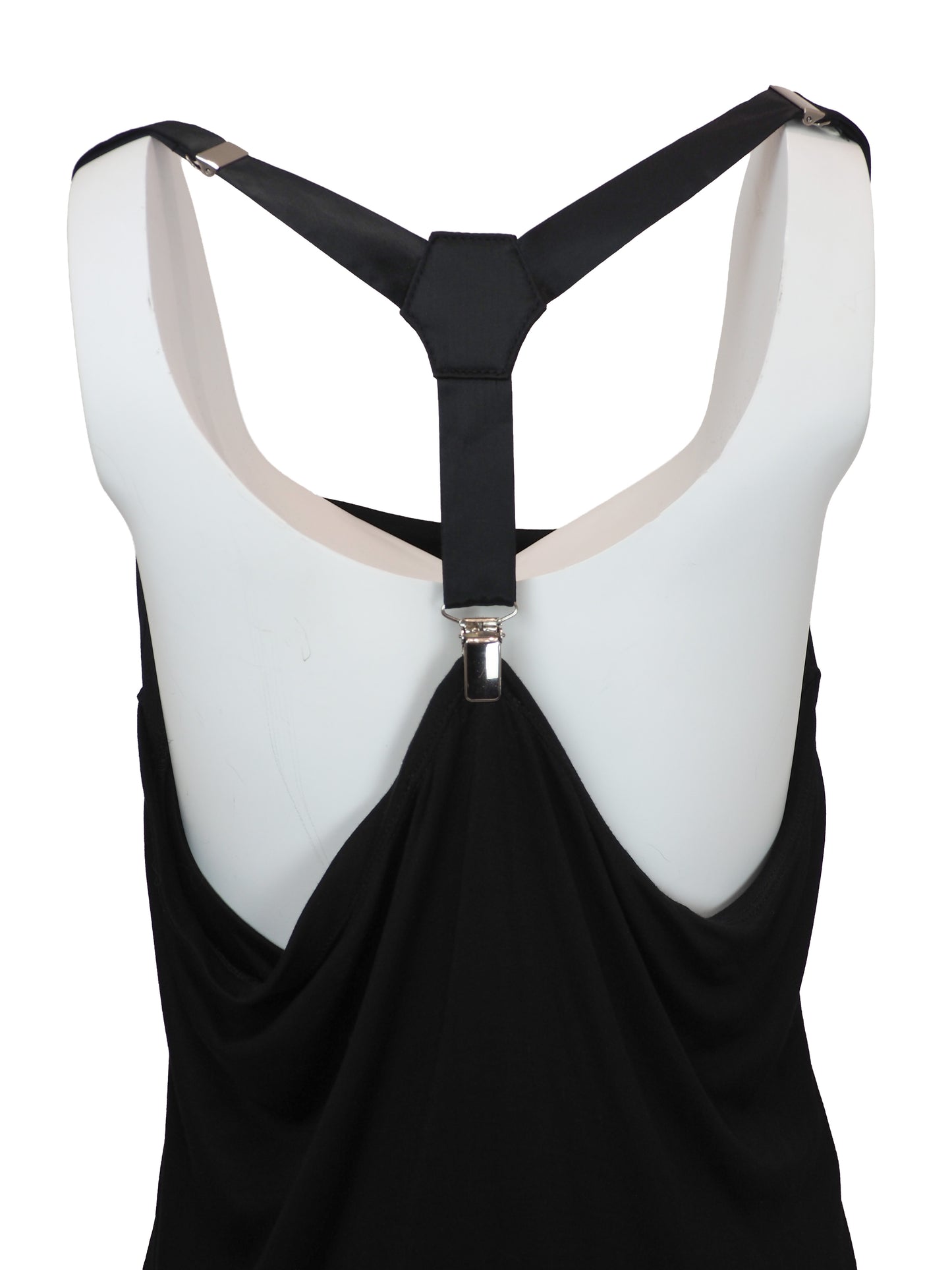 A vintage Alexander McQueen black sleeveless cowl-neck dress with double suspender shoulder straps and a crisscross back detail, shown against a plain white background.