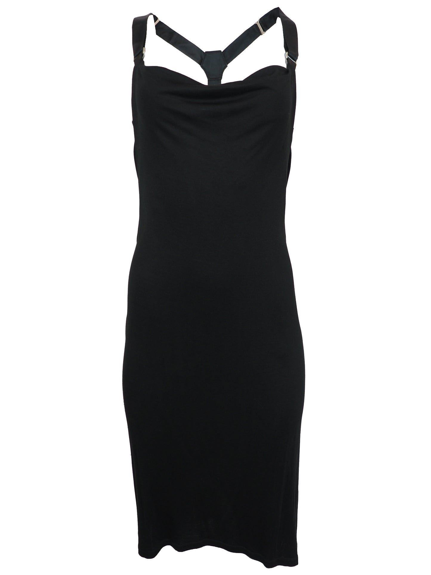 A vintage Alexander McQueen black sleeveless cowl-neck dress with double suspender shoulder straps and a crisscross back detail, shown against a plain white background.