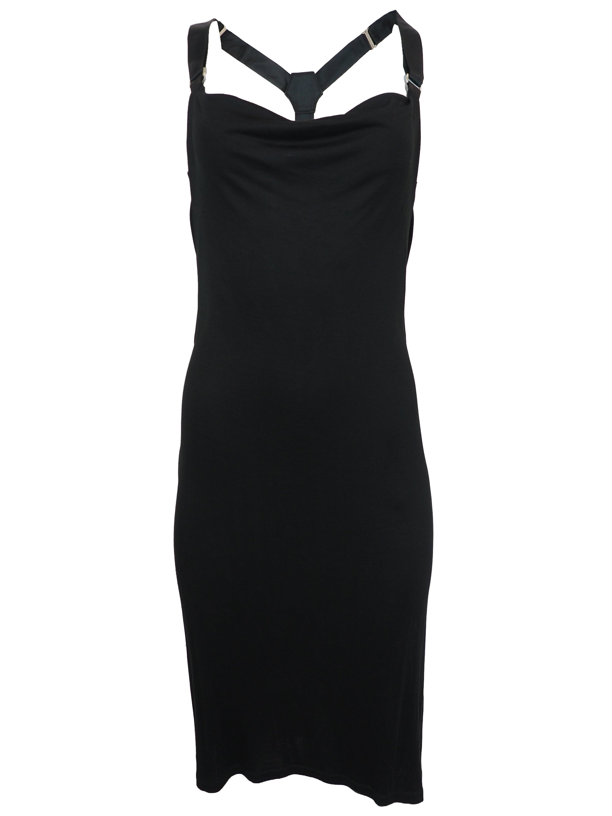 A vintage Alexander McQueen black sleeveless cowl-neck dress with double suspender shoulder straps and a crisscross back detail, shown against a plain white background.